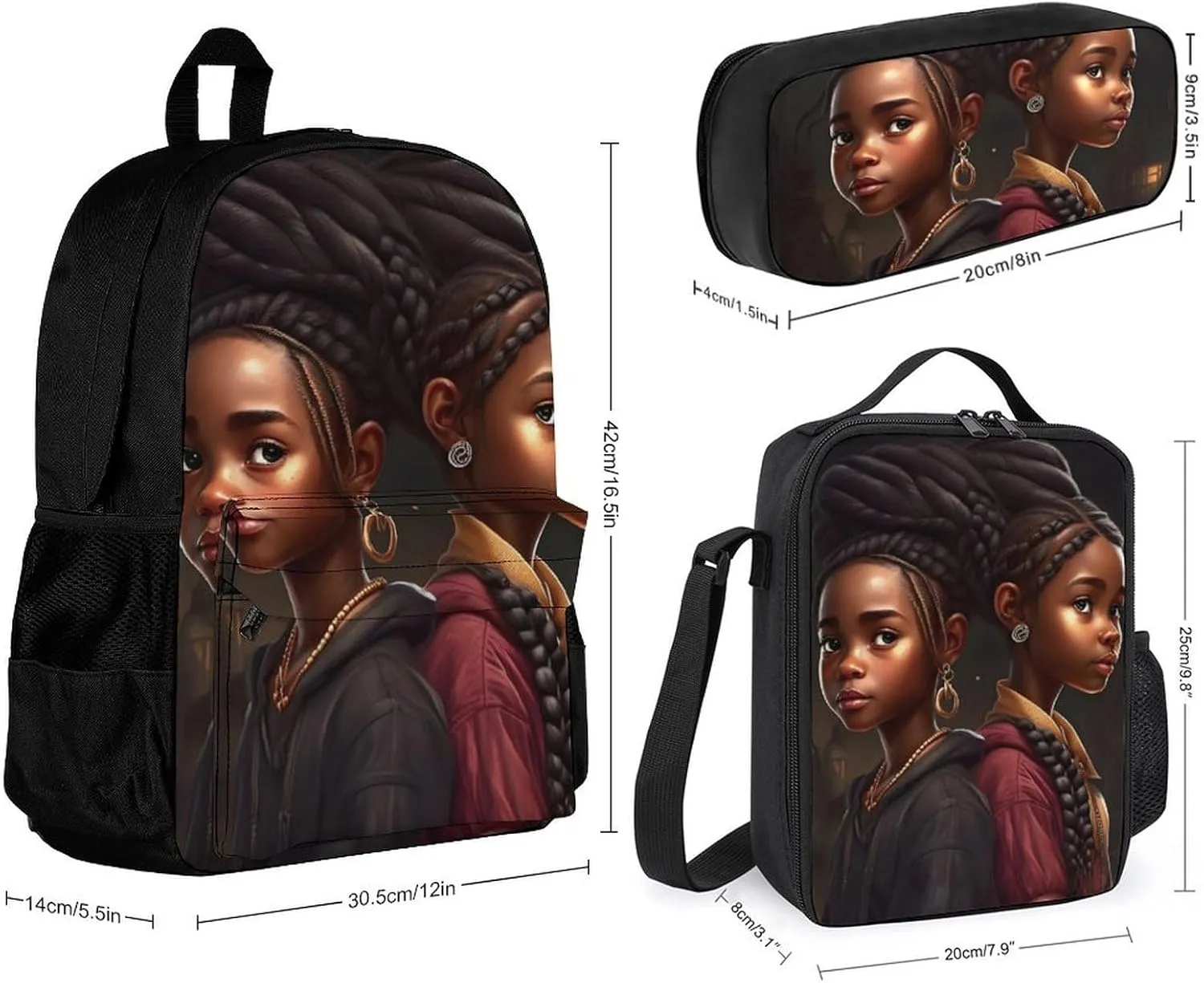 Supdreamc 3 Piece Backpack Large Capacity Carry On Bag Backpack for Hiking Outdoors Running - African American Black Women Woman Art, for Adult, Travel Daypack