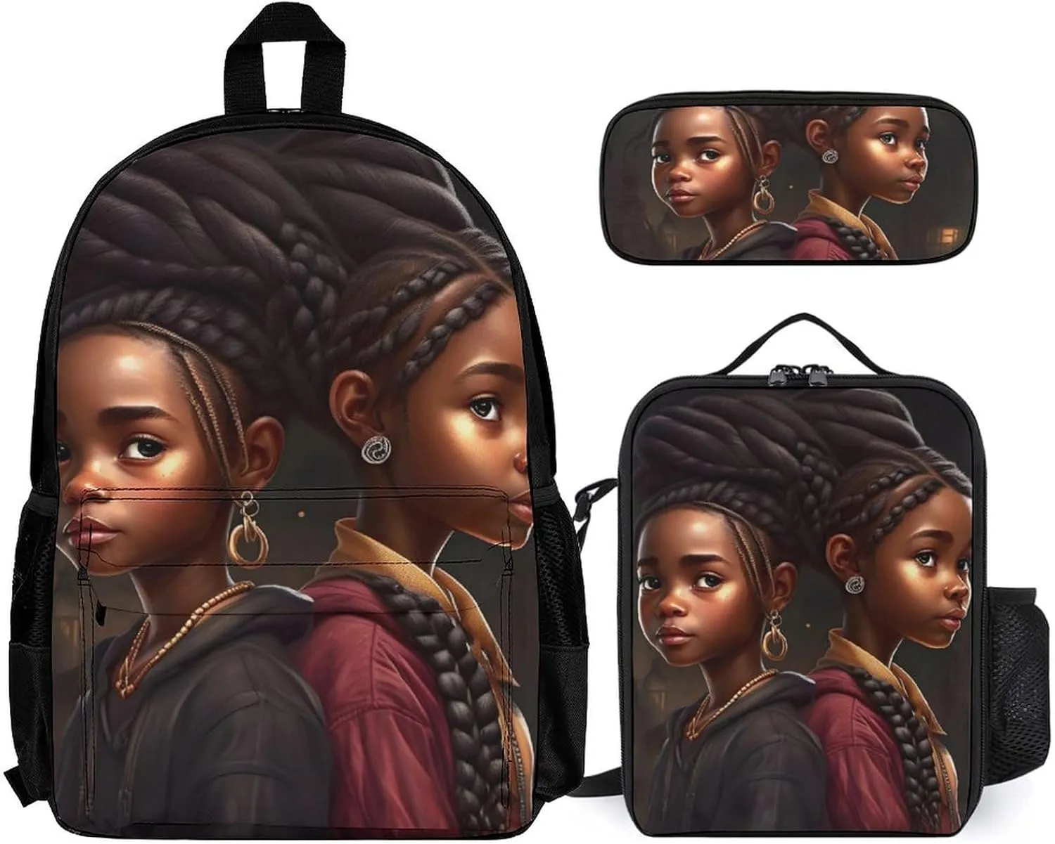 Supdreamc 3 Piece Backpack Large Capacity Carry On Bag Backpack for Hiking Outdoors Running - African American Black Women Woman Art, for Adult, Travel Daypack