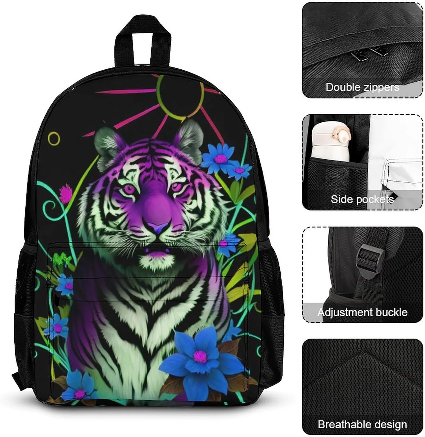 Supdreamc 3 Piece Backpack Sets Trippy Tiger Animal Flower Art Travel Hiking & Day Pack - Shoulder Bag Lunch Bag Pencil Case for Man/Women/College Men and Women