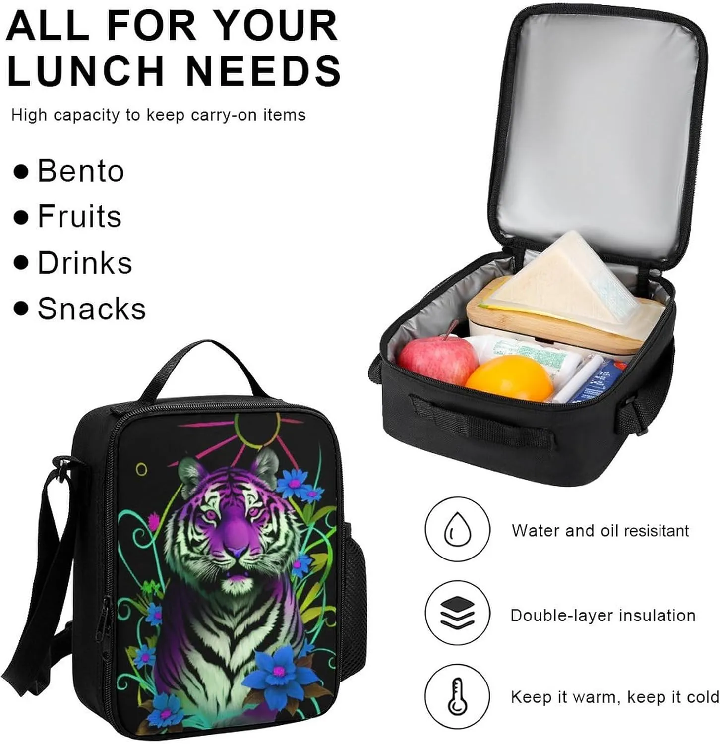 Supdreamc 3 Piece Backpack Sets Trippy Tiger Animal Flower Art Travel Hiking & Day Pack - Shoulder Bag Lunch Bag Pencil Case for Man/Women/College Men and Women