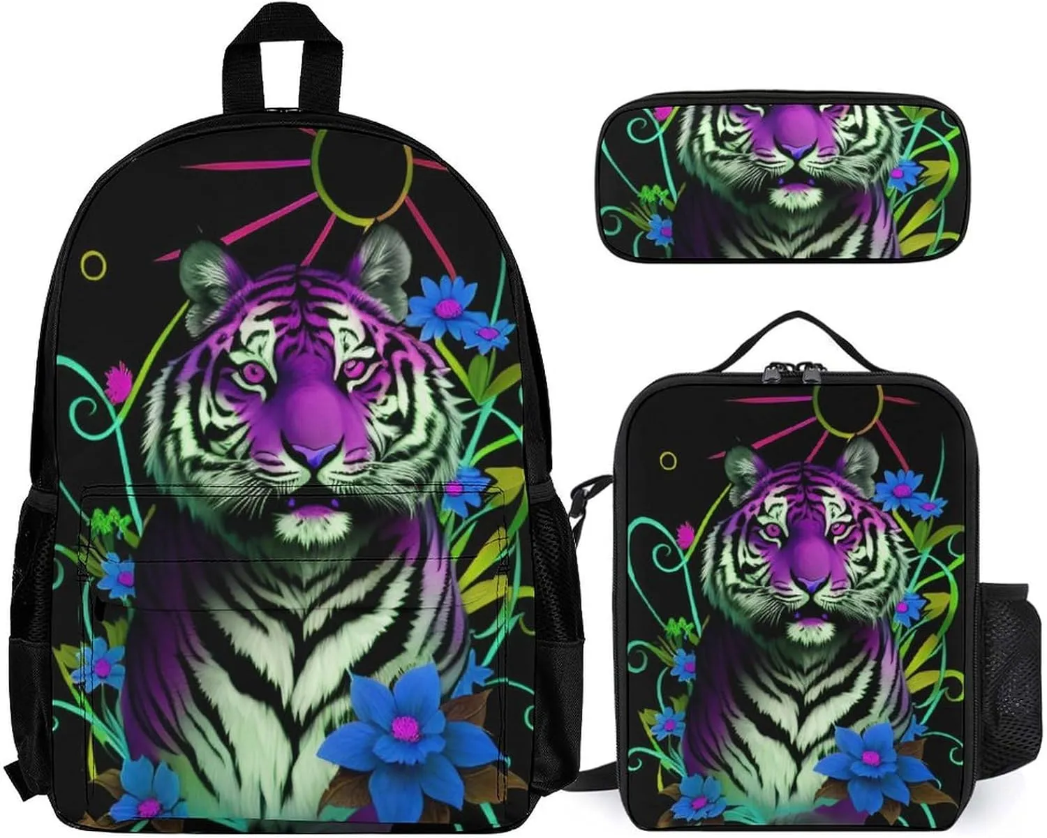 Supdreamc 3 Piece Backpack Sets Trippy Tiger Animal Flower Art Travel Hiking & Day Pack - Shoulder Bag Lunch Bag Pencil Case for Man/Women/College Men and Women