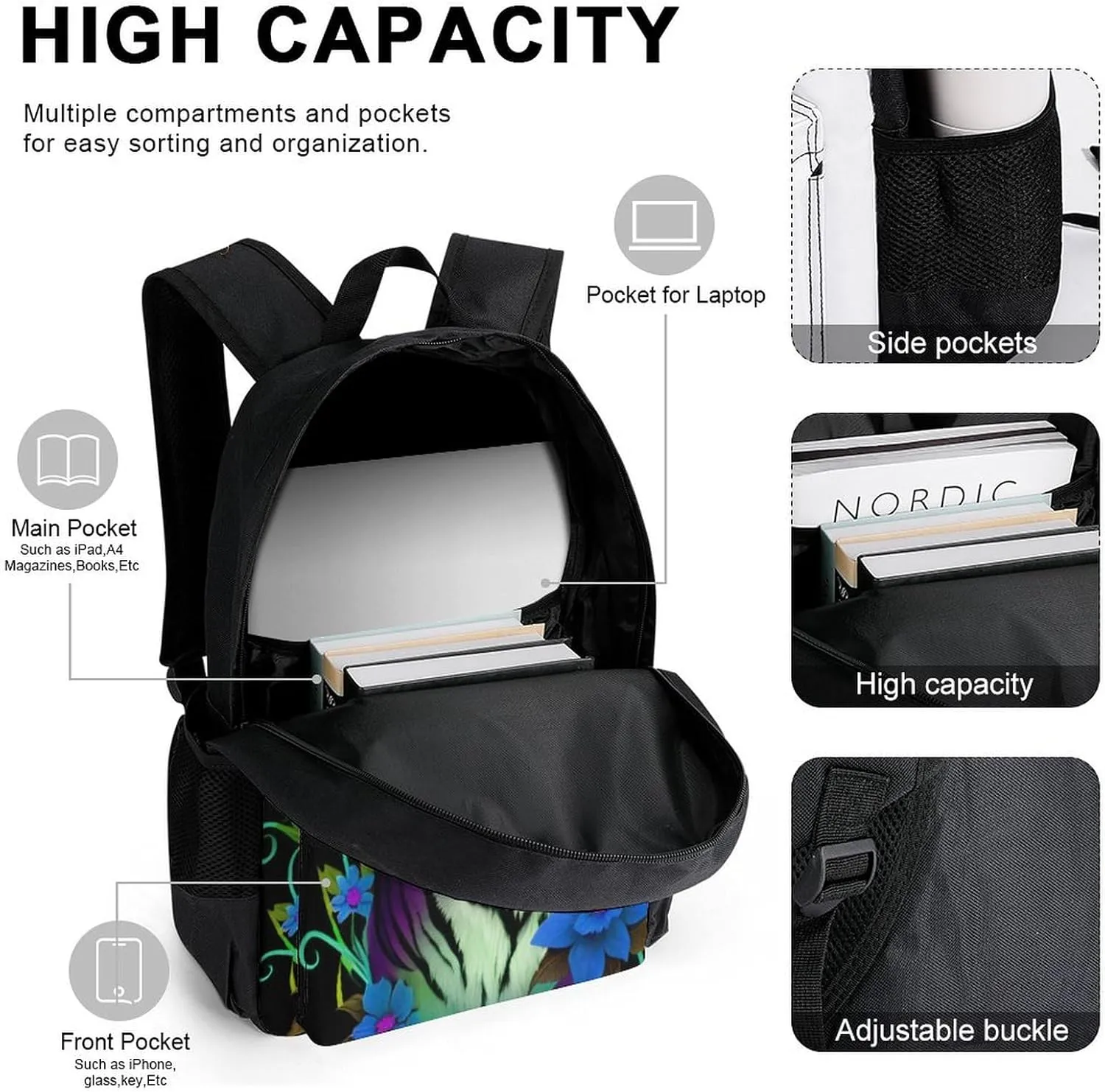 Supdreamc 3 Piece Backpack Sets Trippy Tiger Animal Flower Art Travel Hiking & Day Pack - Shoulder Bag Lunch Bag Pencil Case for Man/Women/College Men and Women