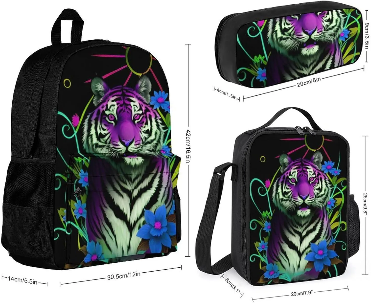 Supdreamc 3 Piece Backpack Sets Trippy Tiger Animal Flower Art Travel Hiking & Day Pack - Shoulder Bag Lunch Bag Pencil Case for Man/Women/College Men and Women