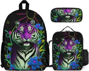 Supdreamc 3 Piece Backpack Sets Trippy Tiger Animal Flower Art Travel Hiking & Day Pack - Shoulder Bag Lunch Bag Pencil Case for Man/Women/College Men and Women