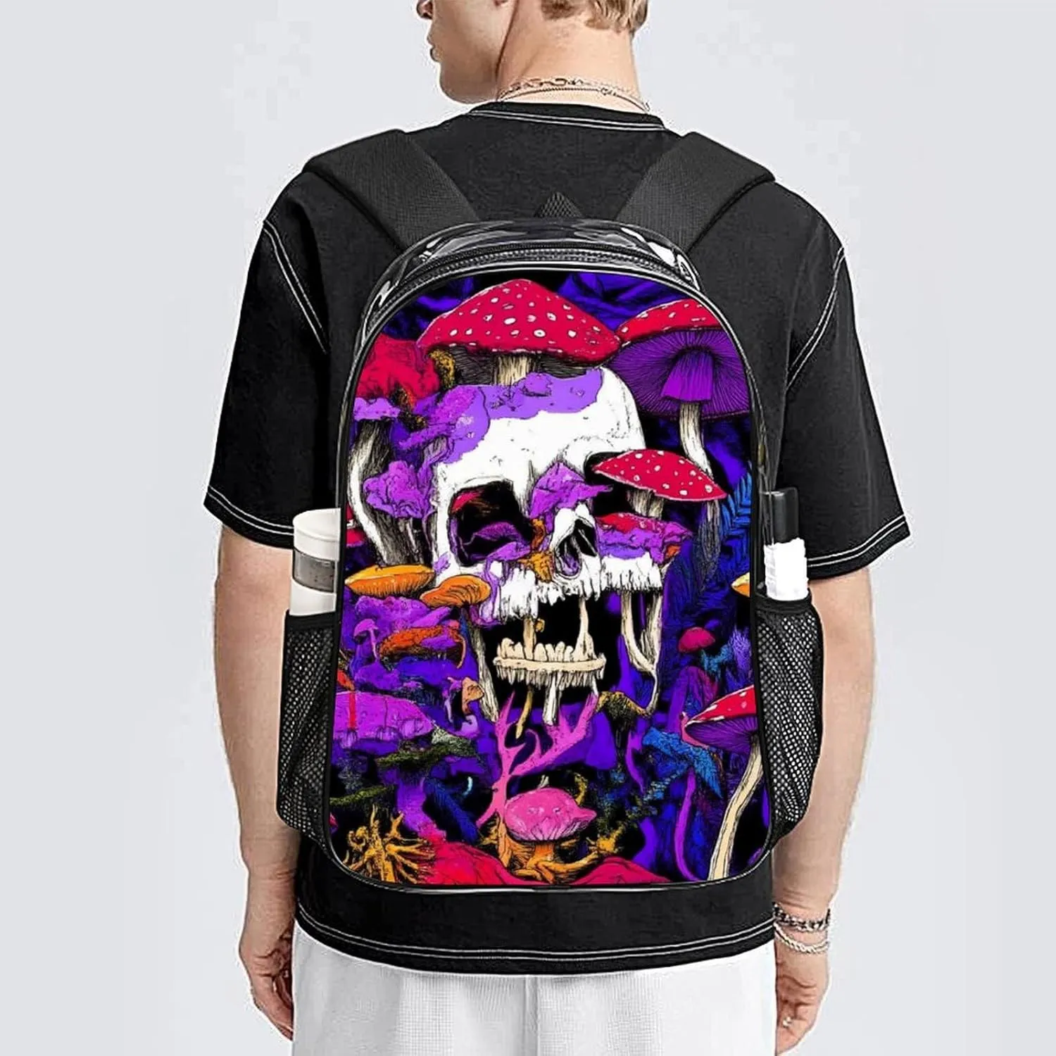Supdreamc Lightweight Daypack for Camping Business Walking Cycling - Large Capacity Transparent Multipurpose Bookbag, Trippy Skull Mushroom Art Purple Gym Outdoor Hiking Backpack