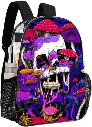 Supdreamc Lightweight Daypack for Camping Business Walking Cycling - Large Capacity Transparent Multipurpose Bookbag, Trippy Skull Mushroom Art Purple Gym Outdoor Hiking Backpack