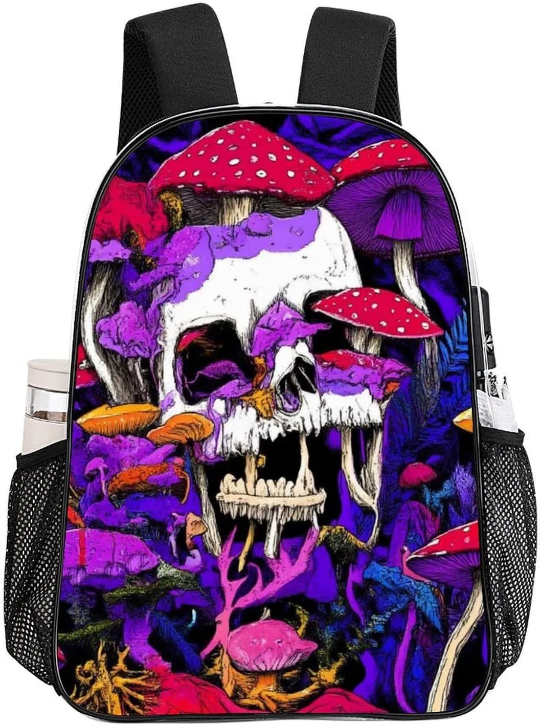 Supdreamc Lightweight Daypack for Camping Business Walking Cycling - Large Capacity Transparent Multipurpose Bookbag, Trippy Skull Mushroom Art Purple Gym Outdoor Hiking Backpack