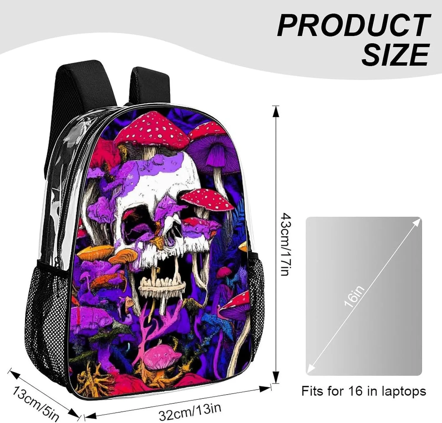 Supdreamc Lightweight Daypack for Camping Business Walking Cycling - Large Capacity Transparent Multipurpose Bookbag, Trippy Skull Mushroom Art Purple Gym Outdoor Hiking Backpack