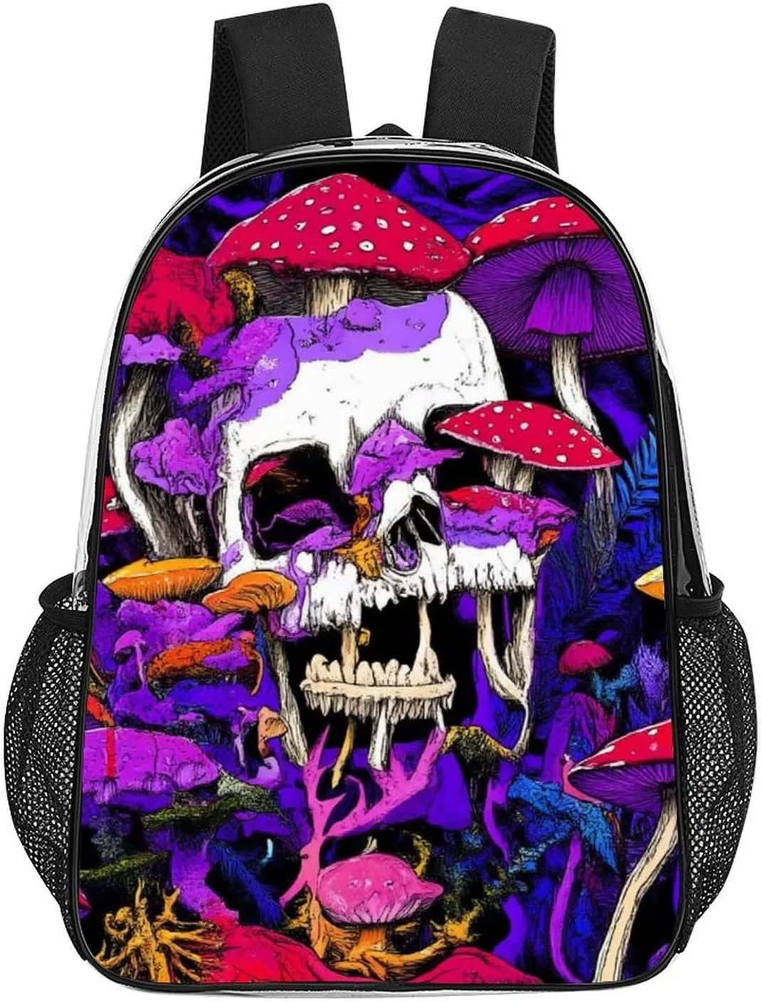 Supdreamc Lightweight Daypack for Camping Business Walking Cycling - Large Capacity Transparent Multipurpose Bookbag, Trippy Skull Mushroom Art Purple Gym Outdoor Hiking Backpack
