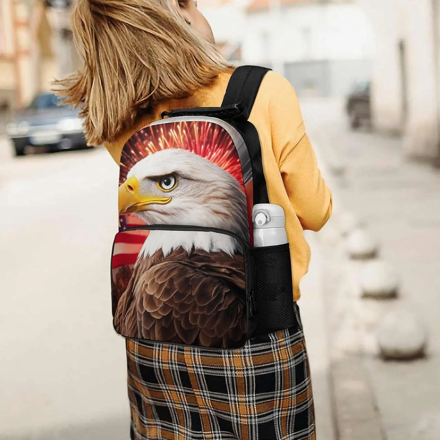 Supdreamc Lightweight Rucksacks for Climbing Outdoors Walking Cycling - Large Capacity Anti-Theft Multipurpose Carry On Bag, Bald Eagle American Flag Fireworks Art Camping Outdoor Backpack