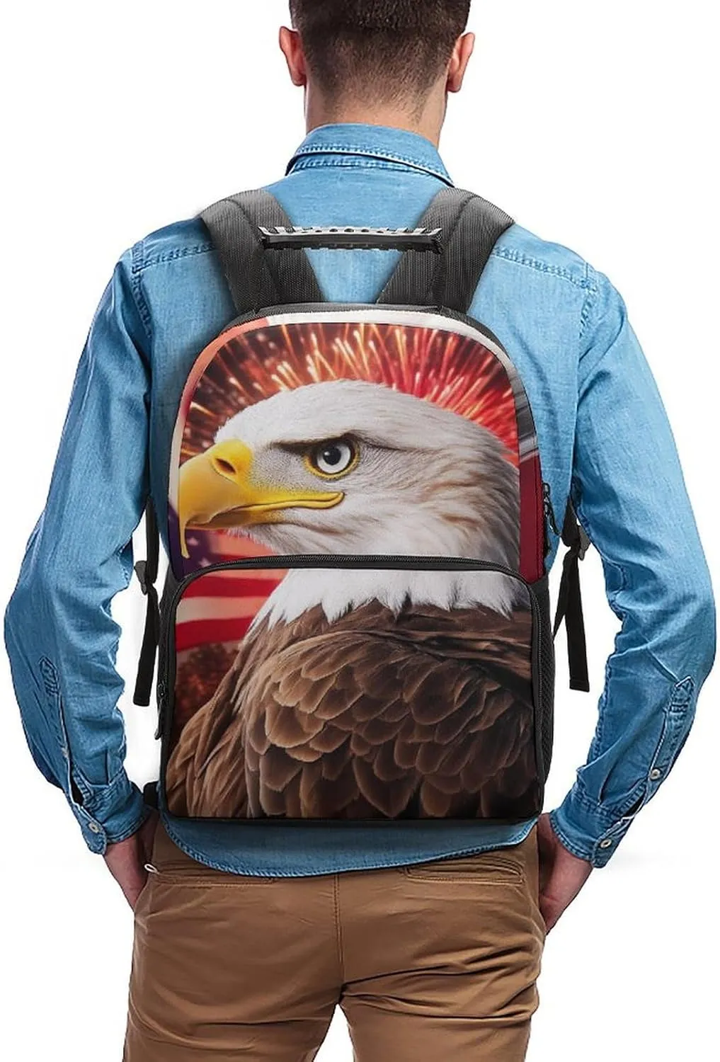 Supdreamc Lightweight Rucksacks for Climbing Outdoors Walking Cycling - Large Capacity Anti-Theft Multipurpose Carry On Bag, Bald Eagle American Flag Fireworks Art Camping Outdoor Backpack