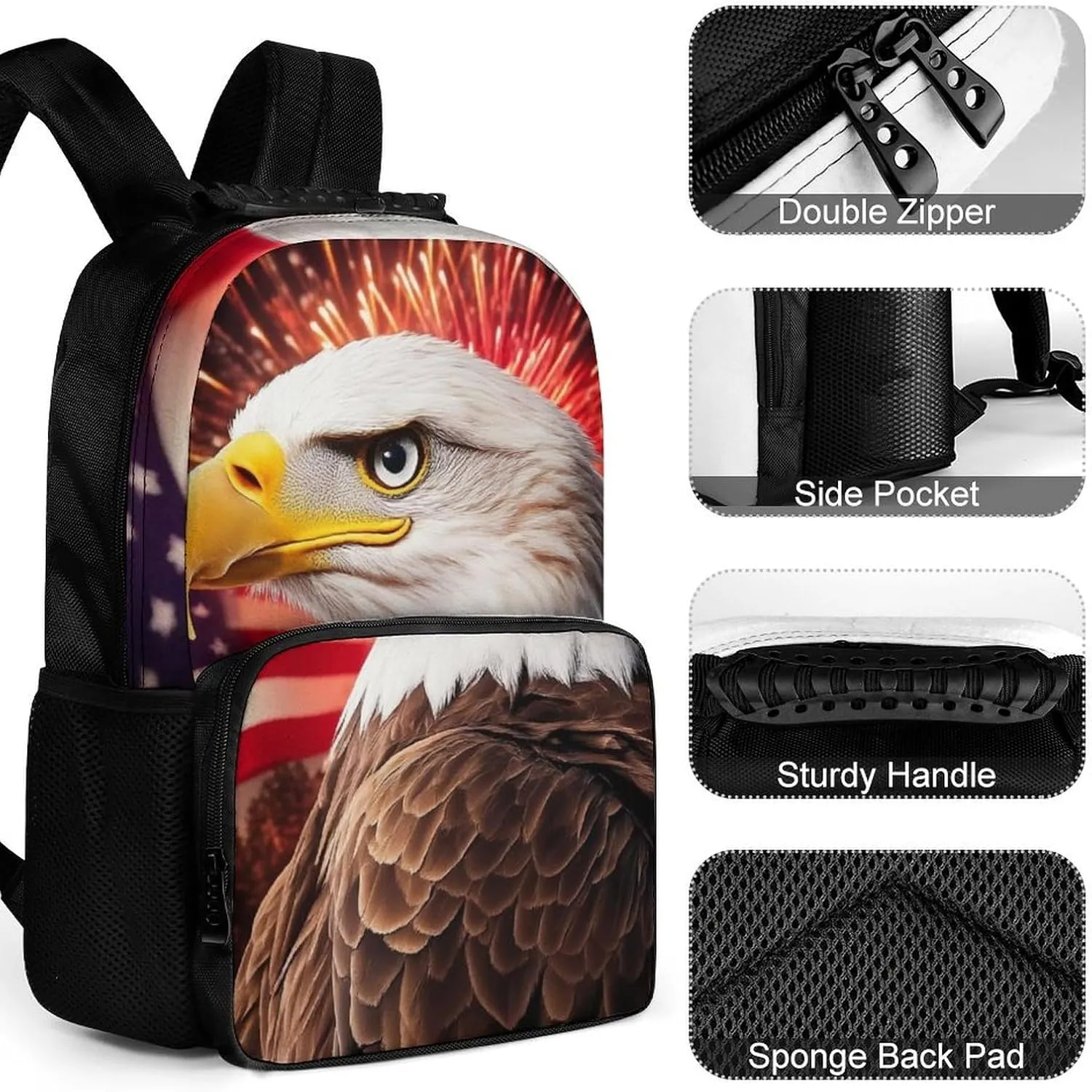 Supdreamc Lightweight Rucksacks for Climbing Outdoors Walking Cycling - Large Capacity Anti-Theft Multipurpose Carry On Bag, Bald Eagle American Flag Fireworks Art Camping Outdoor Backpack