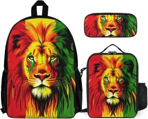 Supdreamc Reggae Rasta Flag Lion Backpack 3 Piece Set for Adults (Bag   Pencil Case Lunch Combination), One Size