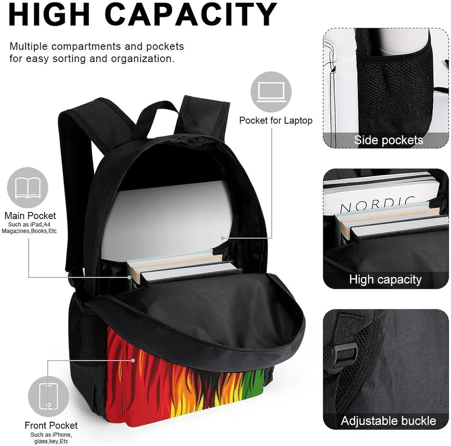 Supdreamc Reggae Rasta Flag Lion Backpack 3 Piece Set for Adults (Bag   Pencil Case Lunch Combination), One Size