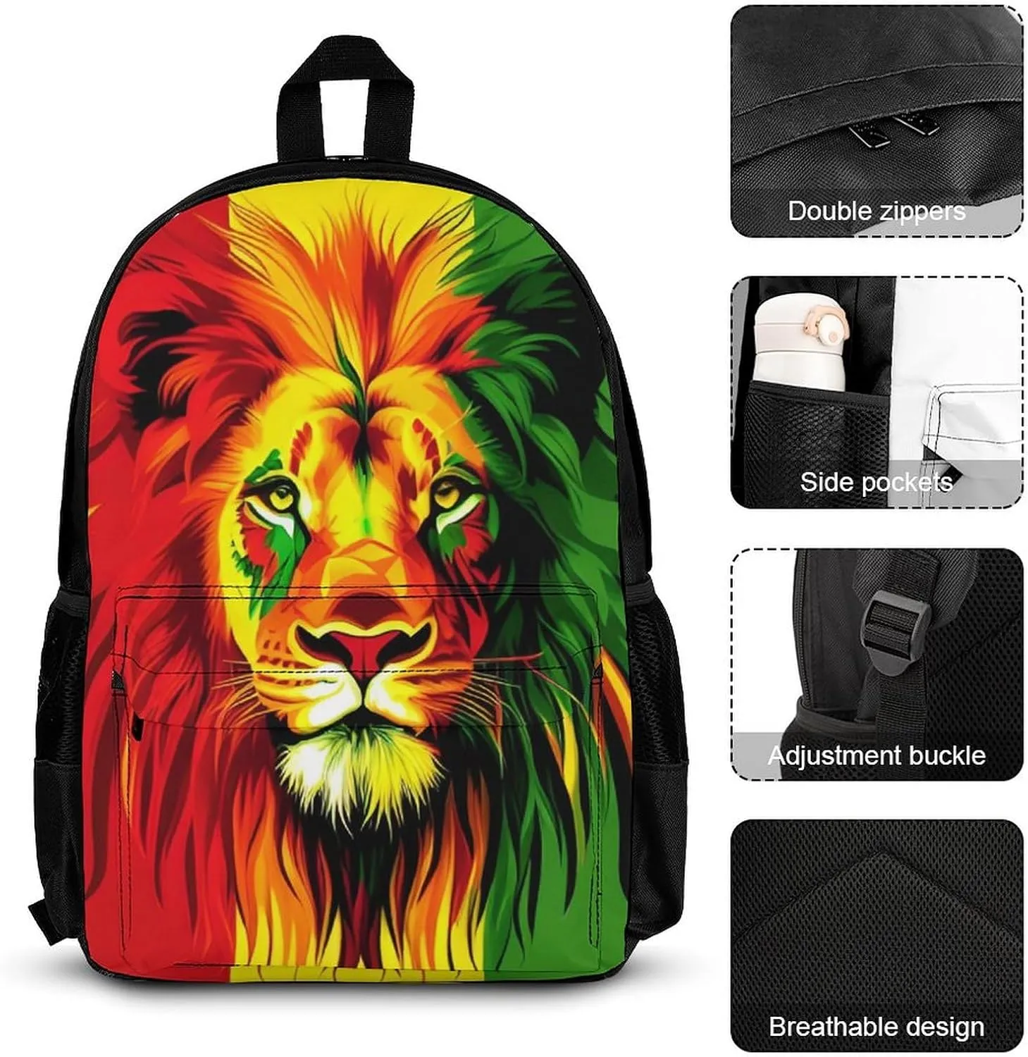 Supdreamc Reggae Rasta Flag Lion Backpack 3 Piece Set for Adults (Bag   Pencil Case Lunch Combination), One Size