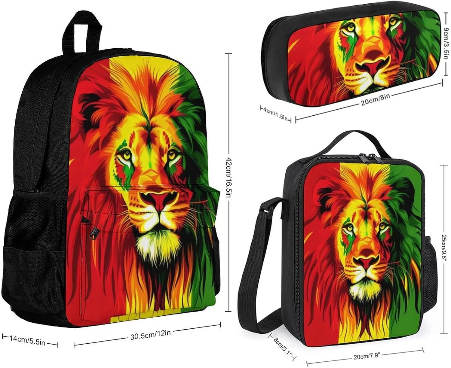 Supdreamc Reggae Rasta Flag Lion Backpack 3 Piece Set for Adults (Bag   Pencil Case Lunch Combination), One Size