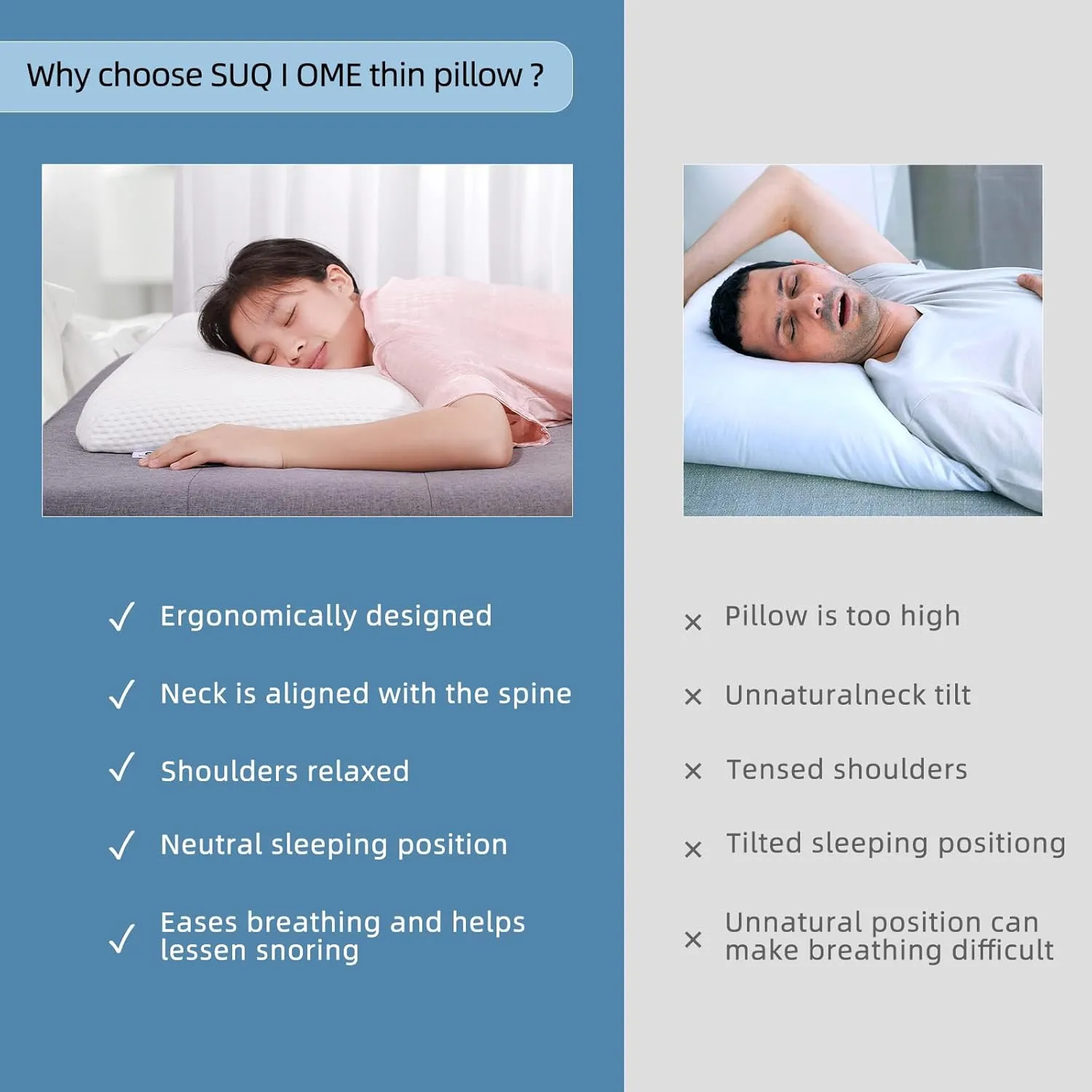 SUQ I OME Slim Sleeper - Ultra Thin Flat Pillows for Sleeping, Cooling Gel Infused Memory Foam Pillow 2.2 inch Height Ultra Thin Pillow,23 x 15.7 x 2.2 inches