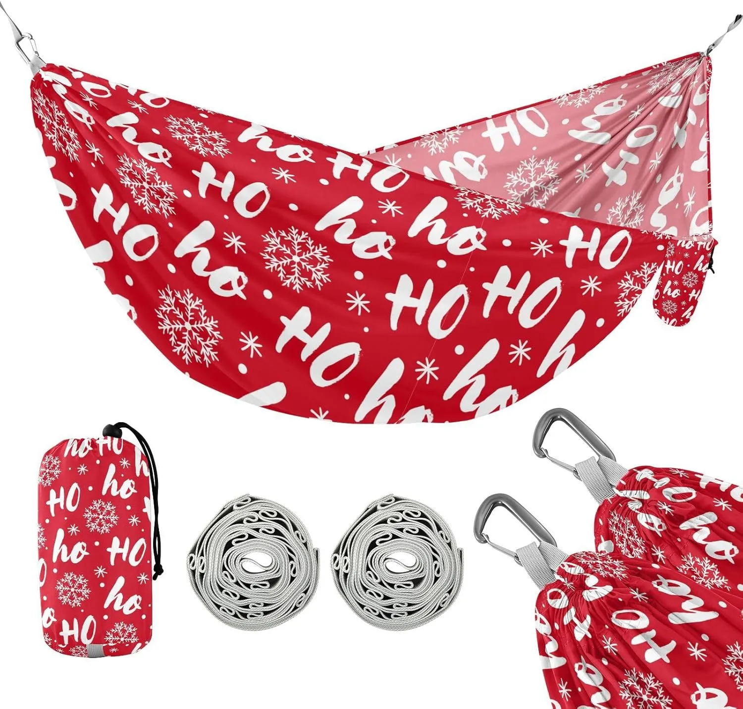 susiyo Portable Camping Hammock Christmas Hohoho Snowflake Printed Lightweight Hammock Comfortable Travel Swing with Tree Straps for Camping Hiking Backpacking Travel or Beach - Up to 330lbs