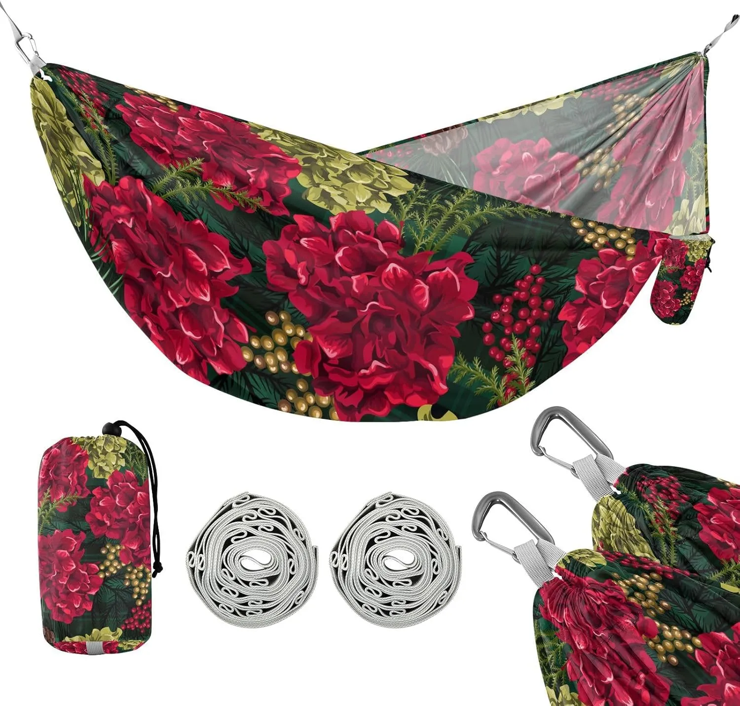 susiyo Portable Camping Hammock Christmas Red Flowers Printed Lightweight Hammock Comfortable Travel Swing with Tree Straps for Camping Hiking Backpacking Travel or Beach - Up to 330lbs