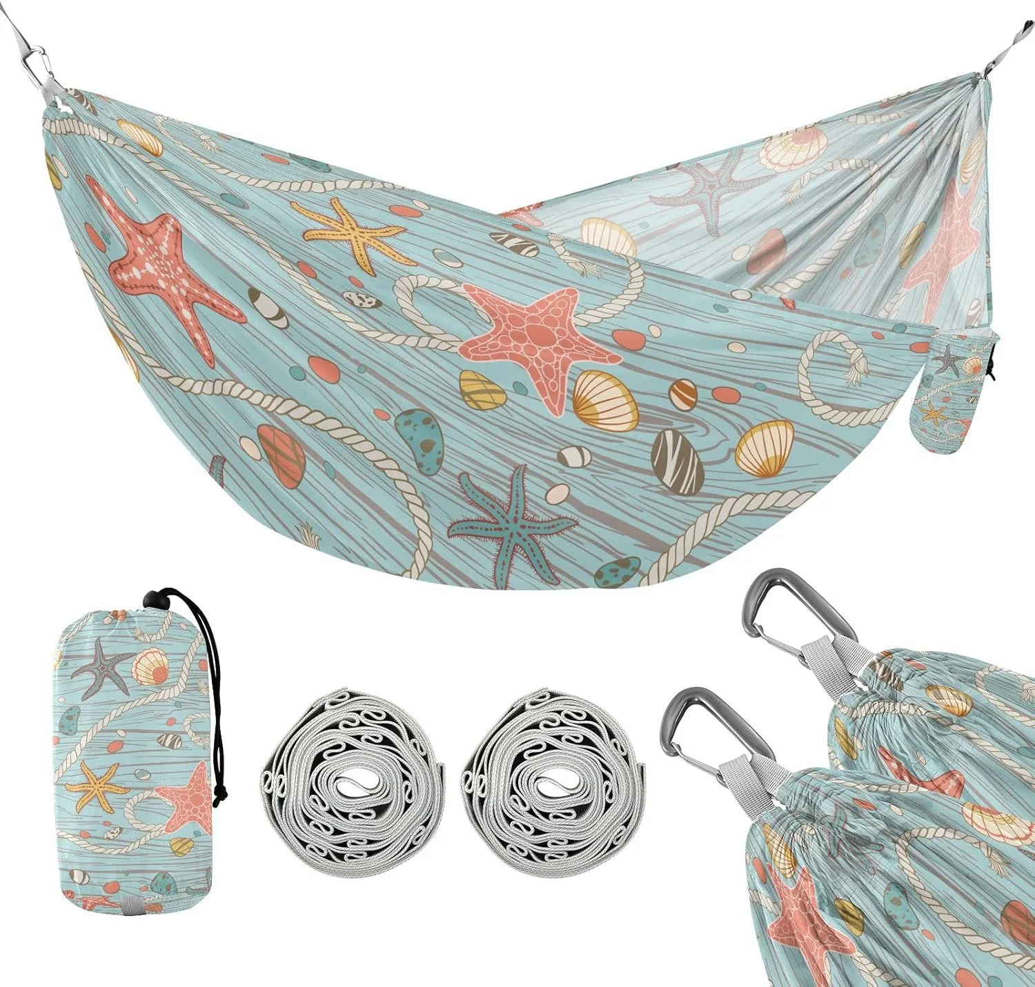 susiyo Portable Camping Hammock Seastones and Seashells Printed Lightweight Hammock Comfortable Travel Swing with Tree Straps for Camping Hiking Backpacking Travel or Beach - Up to 330lbs