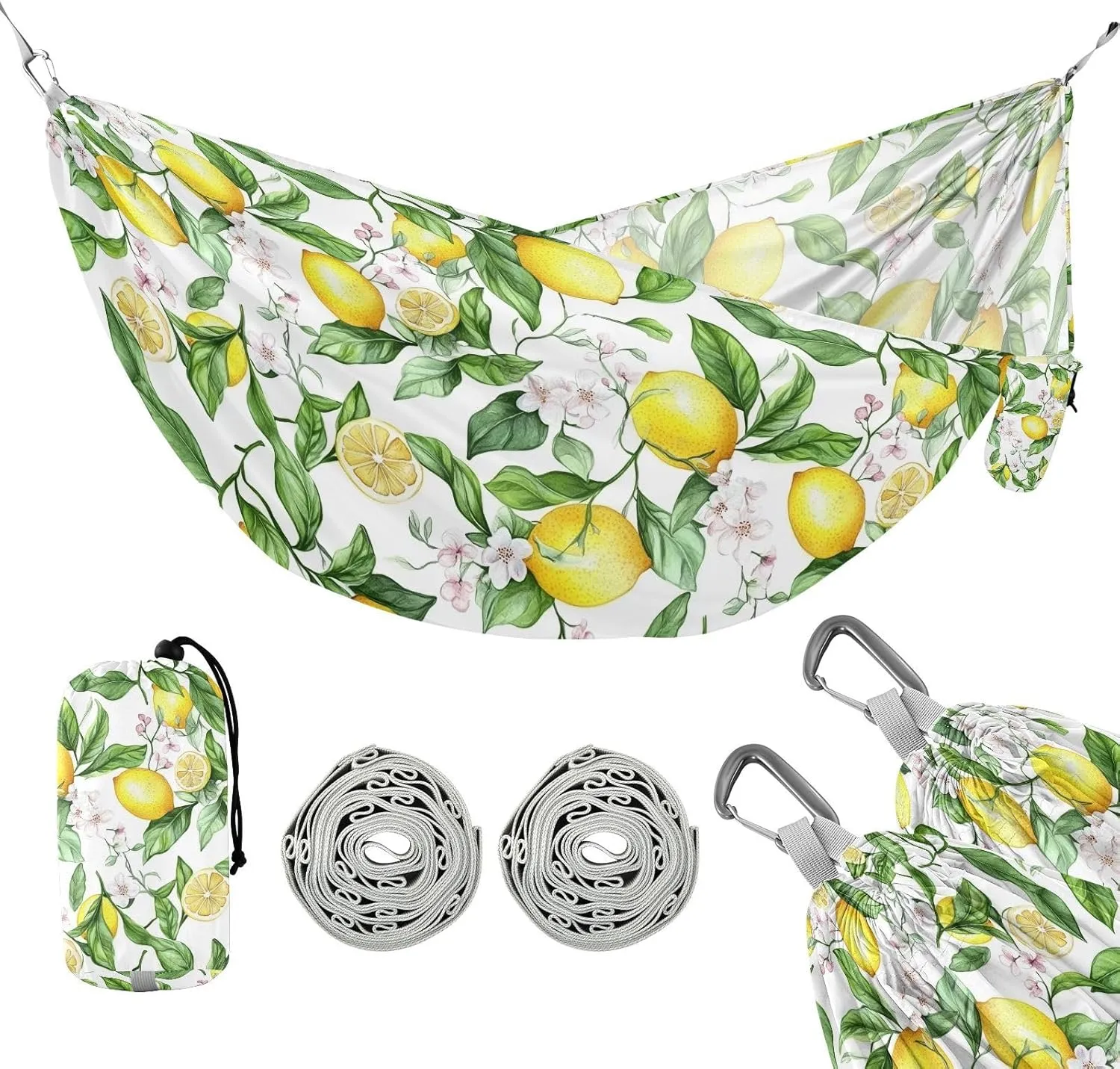 susiyo Portable Camping Hammock Yellow Lemons Printed Lightweight Hammock Comfortable Travel Swing with Tree Straps for Camping Hiking Backpacking Travel or Beach - Up to 330lbs