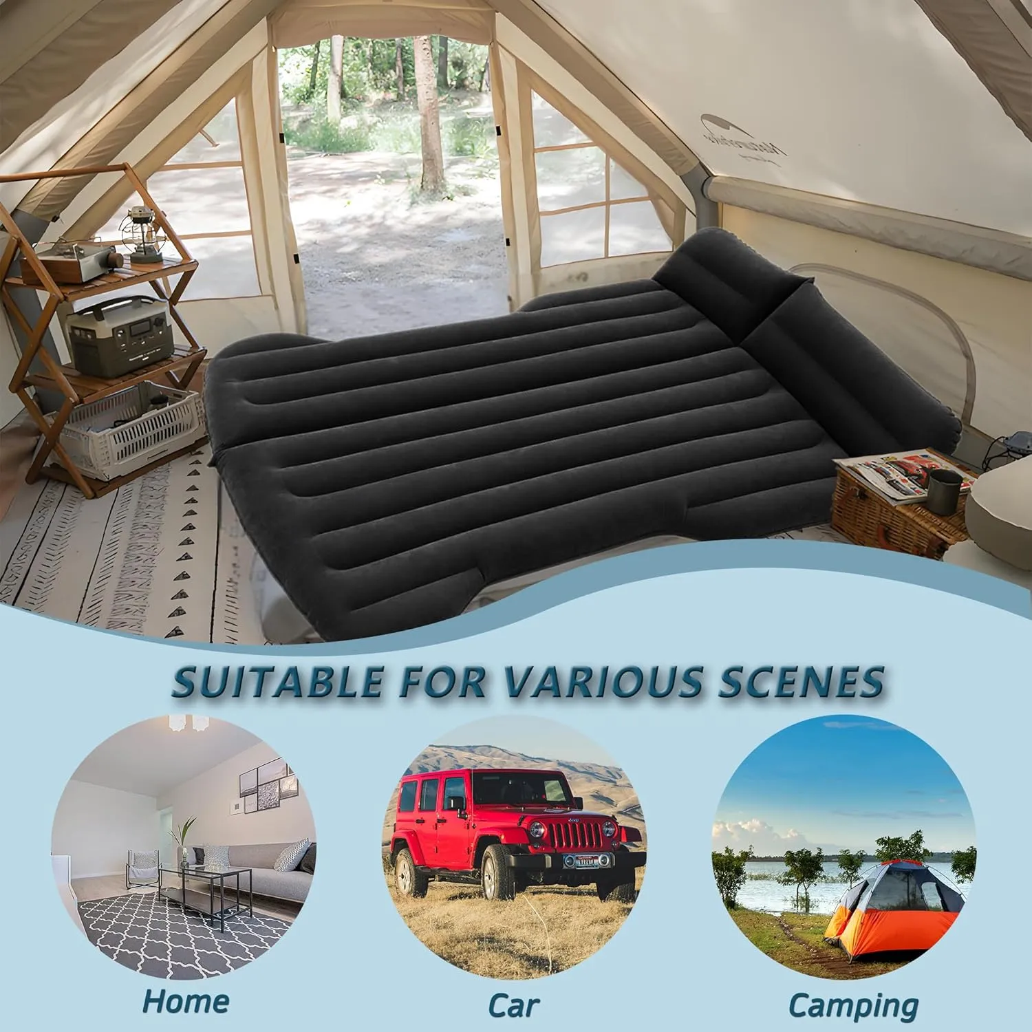 SUV Air Mattress, Car Air Mattress Compatible with Tesla Model Y, Camping Bed for Car Backseat, Inflatable Sleeping Pad with Pump, Truck Jeep Travel Bed for Camping Road Trip (Black)