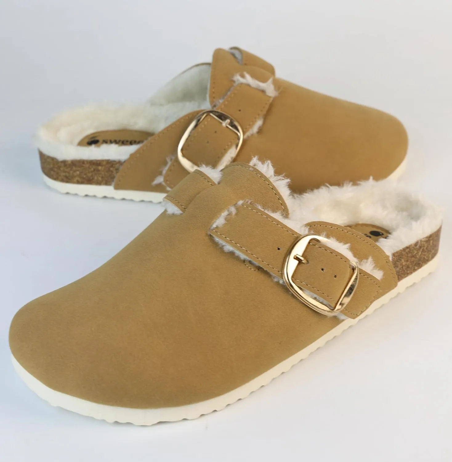Sweechee Women's Cork Footbed Clogs with Soft Fur Lining, Comfortable Shearling Slippers Women's for Winter