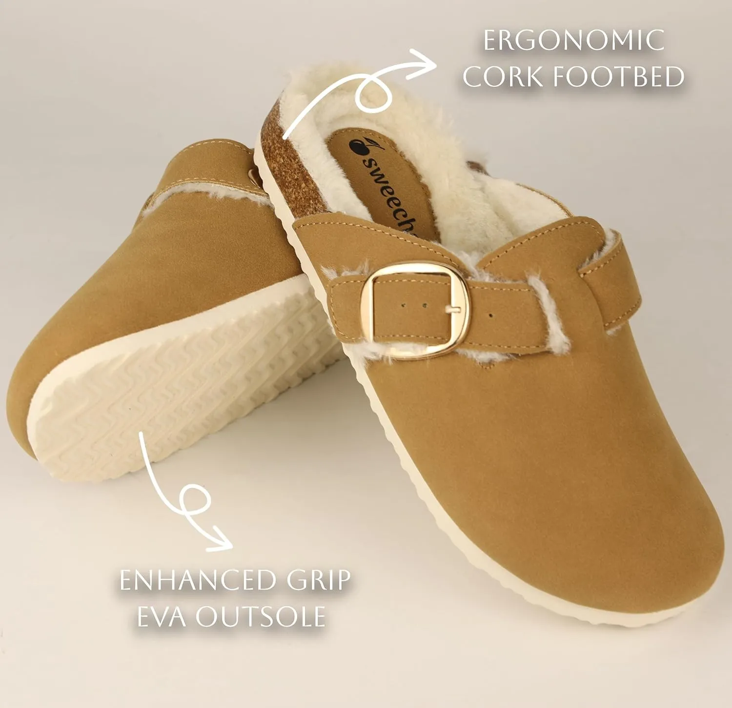 Sweechee Women's Cork Footbed Clogs with Soft Fur Lining, Comfortable Shearling Slippers Women's for Winter