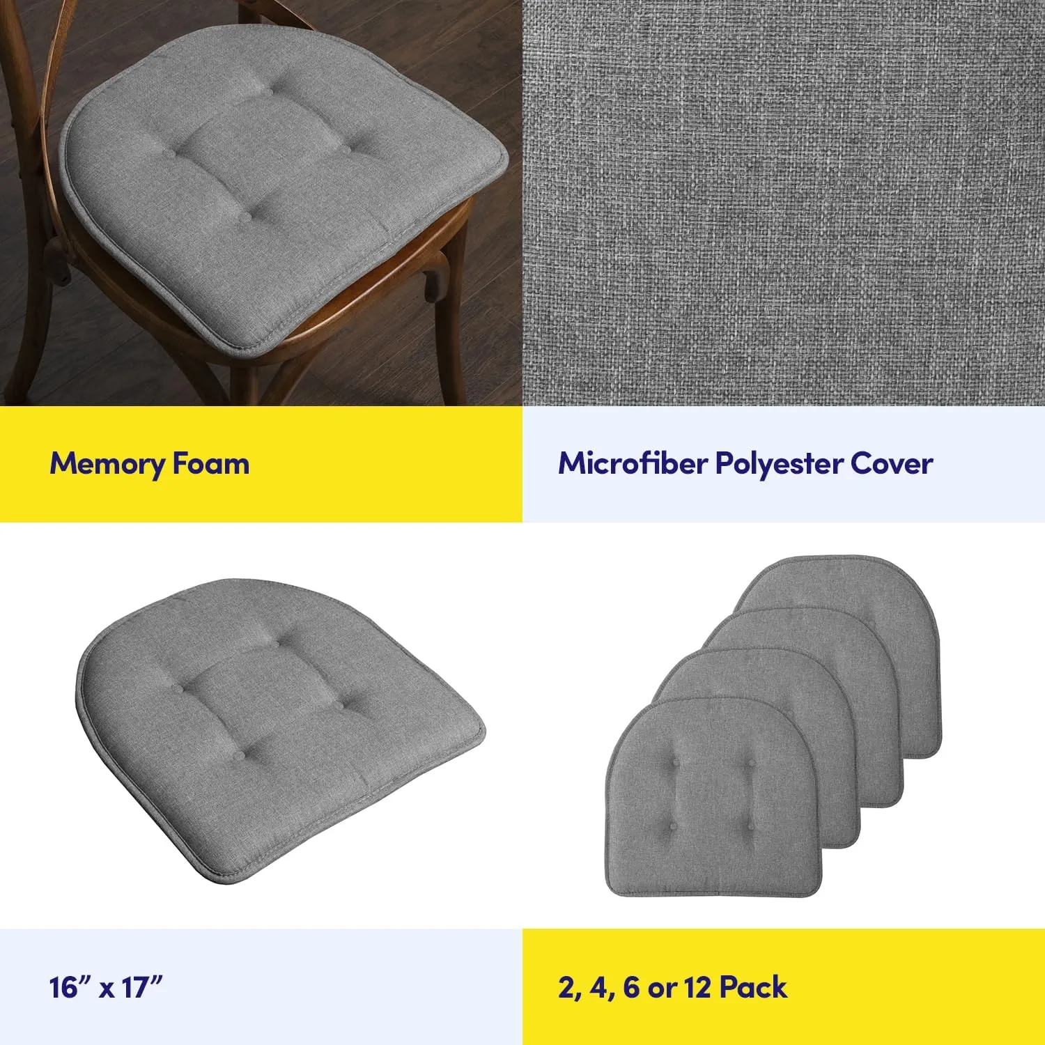 Sweet Home Collection Chair Cushion Memory Foam Pads Tufted Slip Non Skid Rubber Back U-Shaped 17" x 16" Seat Cover, 2 Count (Pack of 2), Grey