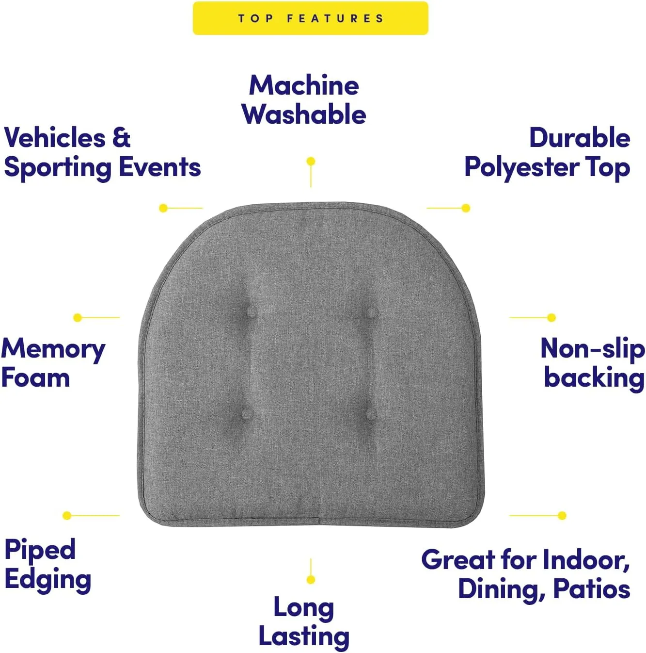 Sweet Home Collection Chair Cushion Memory Foam Pads Tufted Slip Non Skid Rubber Back U-Shaped 17" x 16" Seat Cover, 2 Count (Pack of 2), Grey