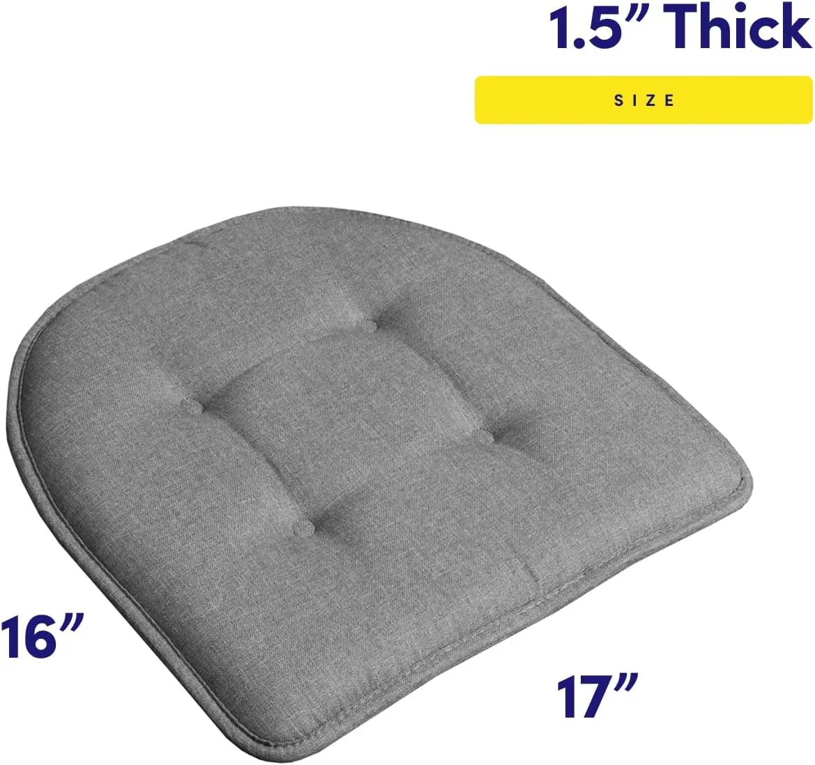Sweet Home Collection Chair Cushion Memory Foam Pads Tufted Slip Non Skid Rubber Back U-Shaped 17" x 16" Seat Cover, 2 Count (Pack of 2), Grey