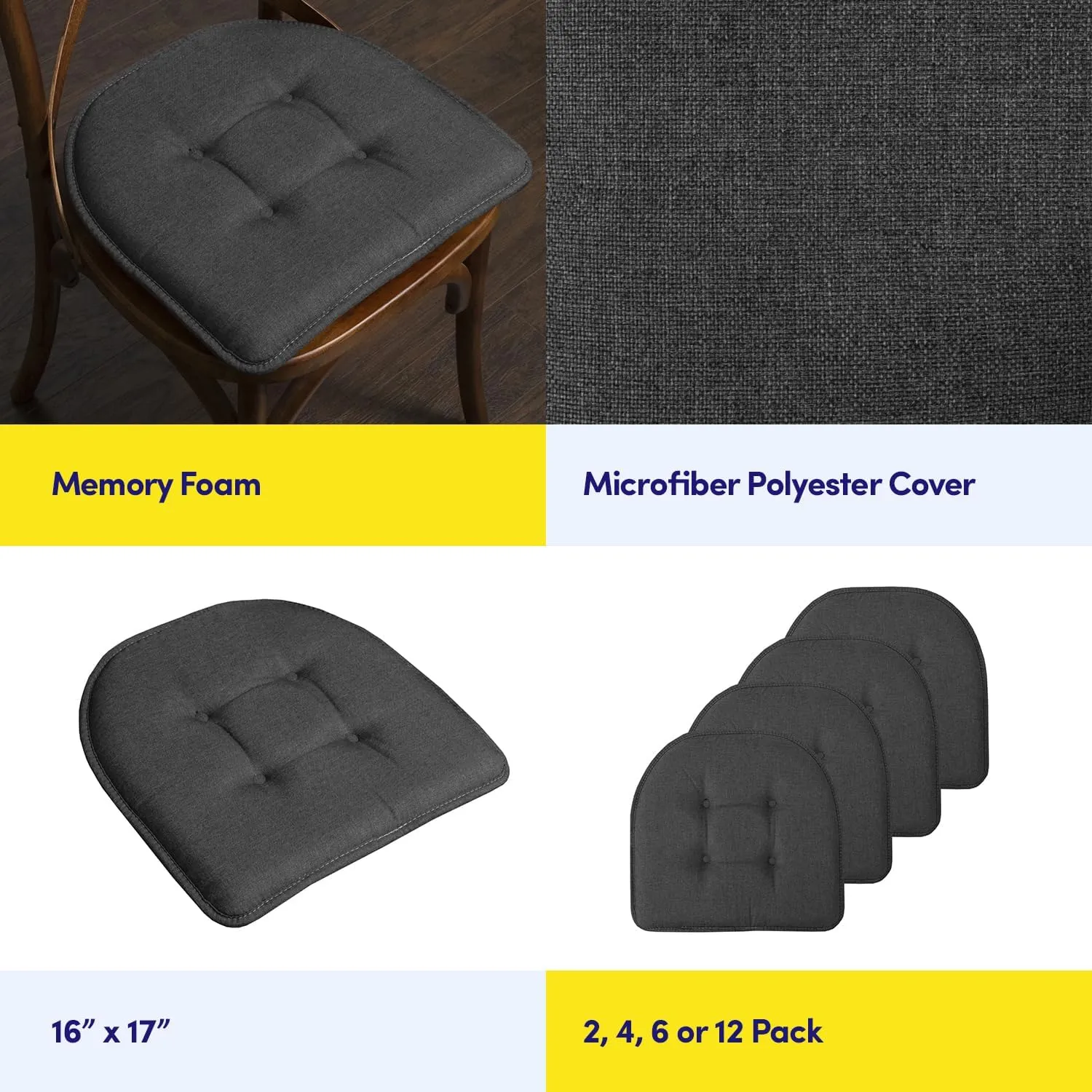 Sweet Home Collection Chair Cushion Memory Foam Pads Tufted Slip Non Skid Rubber Back U-Shaped 17" x 16" Seat Cover, 4 Count (Pack of 1), Charcoal Gray