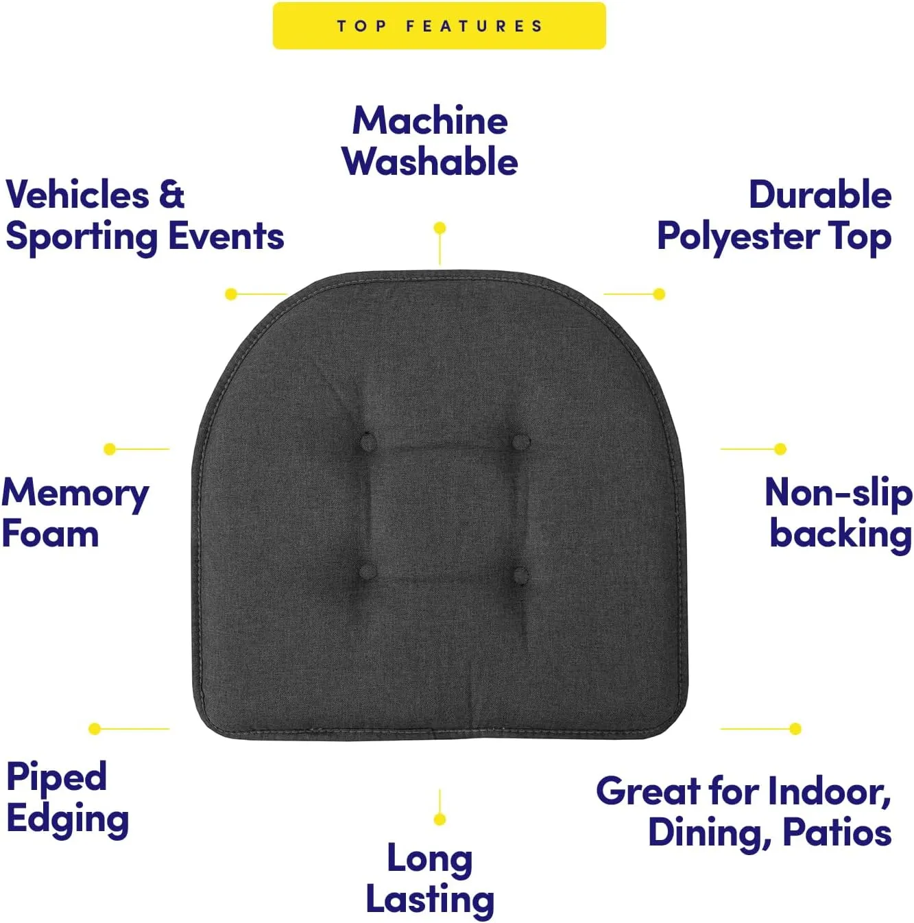 Sweet Home Collection Chair Cushion Memory Foam Pads Tufted Slip Non Skid Rubber Back U-Shaped 17" x 16" Seat Cover, 4 Count (Pack of 1), Charcoal Gray