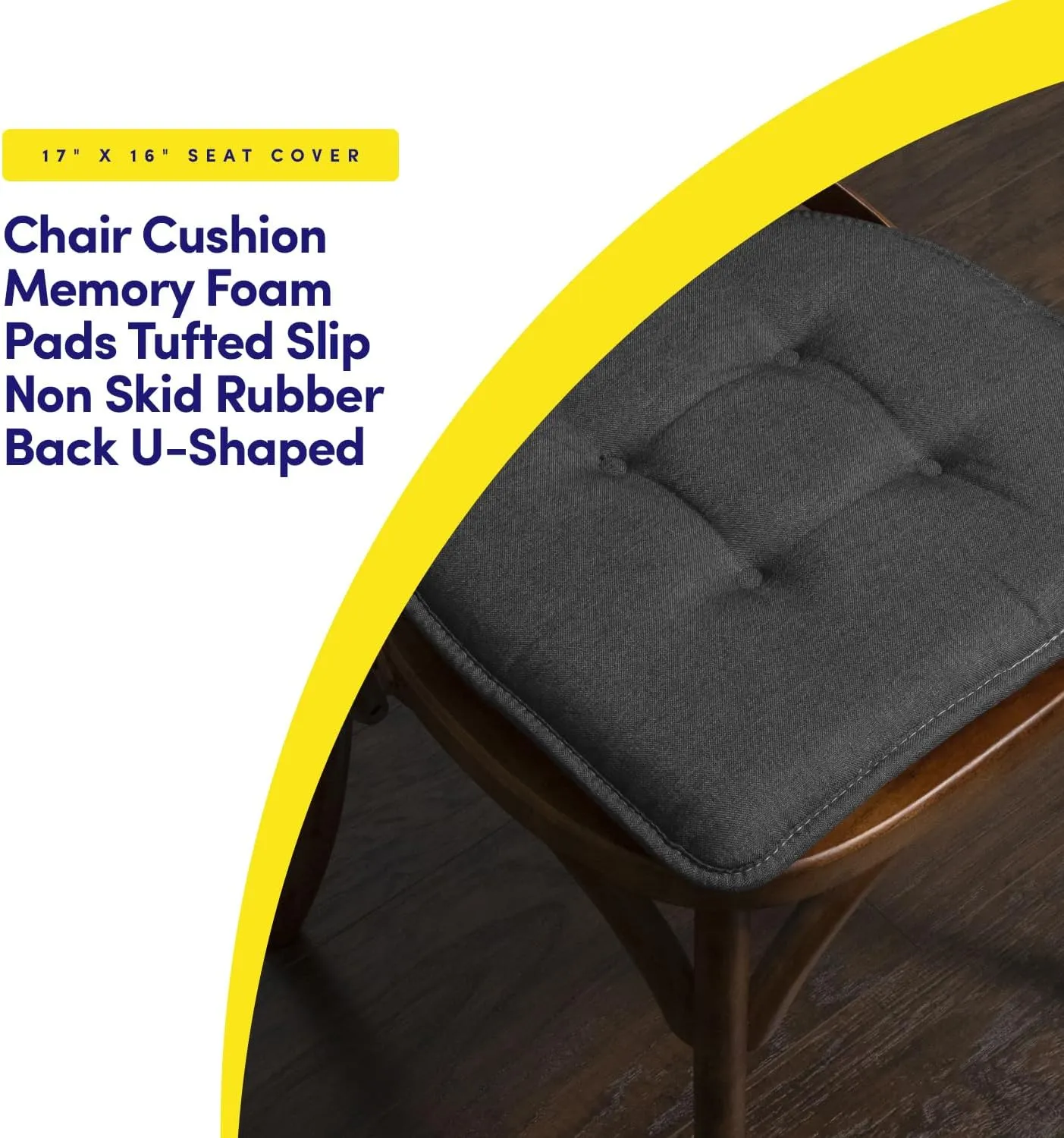 Sweet Home Collection Chair Cushion Memory Foam Pads Tufted Slip Non Skid Rubber Back U-Shaped 17" x 16" Seat Cover, 4 Count (Pack of 1), Charcoal Gray
