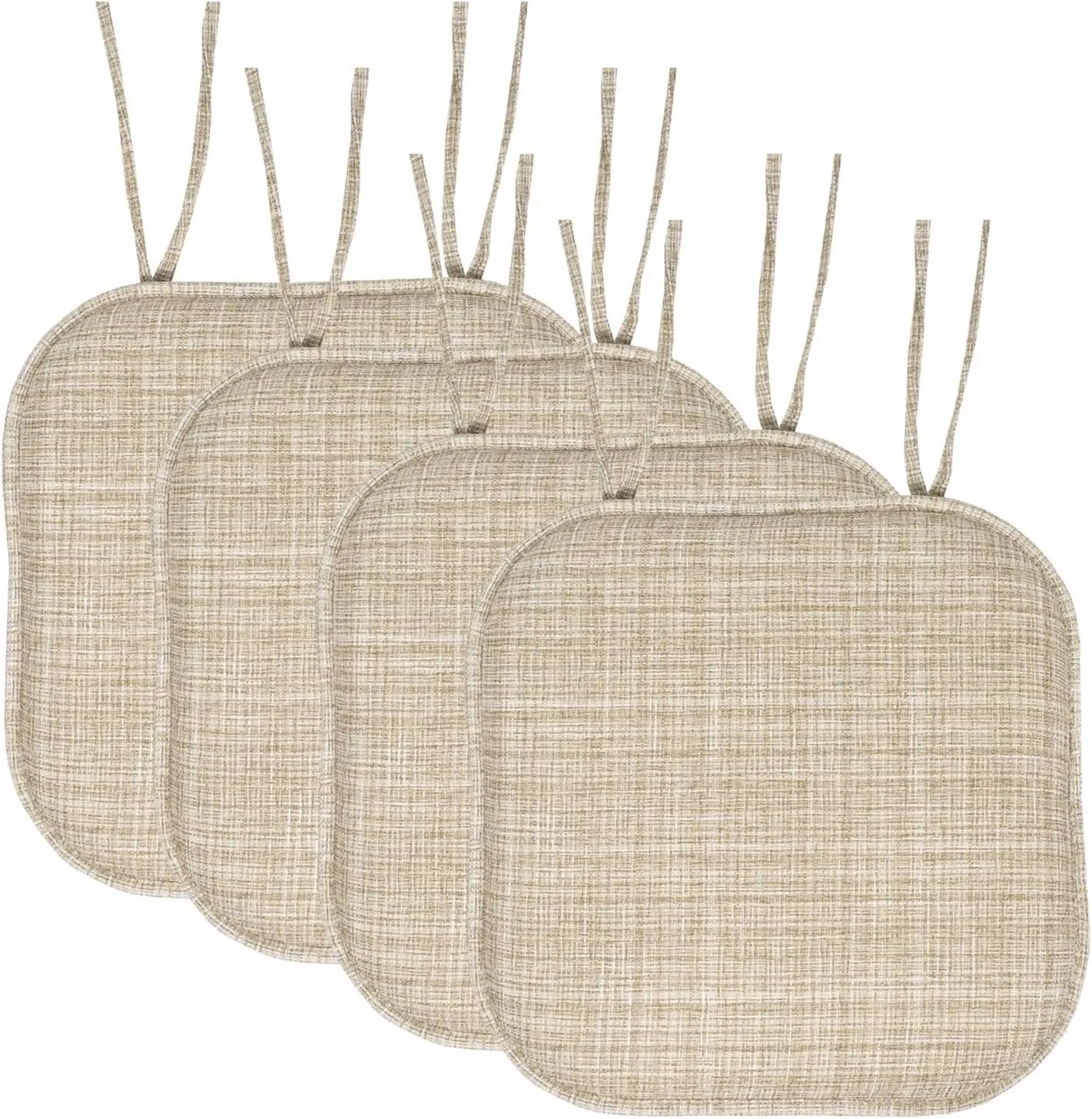 Sweet Home Collection Chair Cushion Memory Foam Pads with Ties Honeycomb Pattern Slip Non Skid Rubber Back Rounded Square 16" x 16" Seat Cover, 4 Pack, Aria Beige