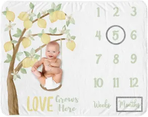 Sweet Jojo Designs Lemon Floral Girl Milestone Blanket Monthly Newborn First Year Growth Mat Baby Shower Memory Keepsake Gift Picture - Yellow Green Beige Watercolor Boho Bohemian Farmhouse Flower