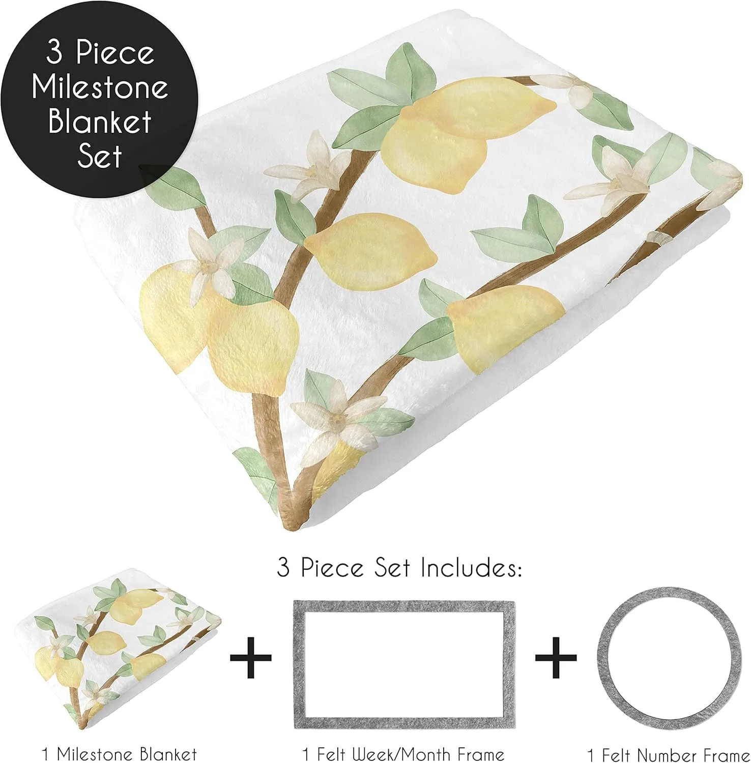 Sweet Jojo Designs Lemon Floral Girl Milestone Blanket Monthly Newborn First Year Growth Mat Baby Shower Memory Keepsake Gift Picture - Yellow Green Beige Watercolor Boho Bohemian Farmhouse Flower