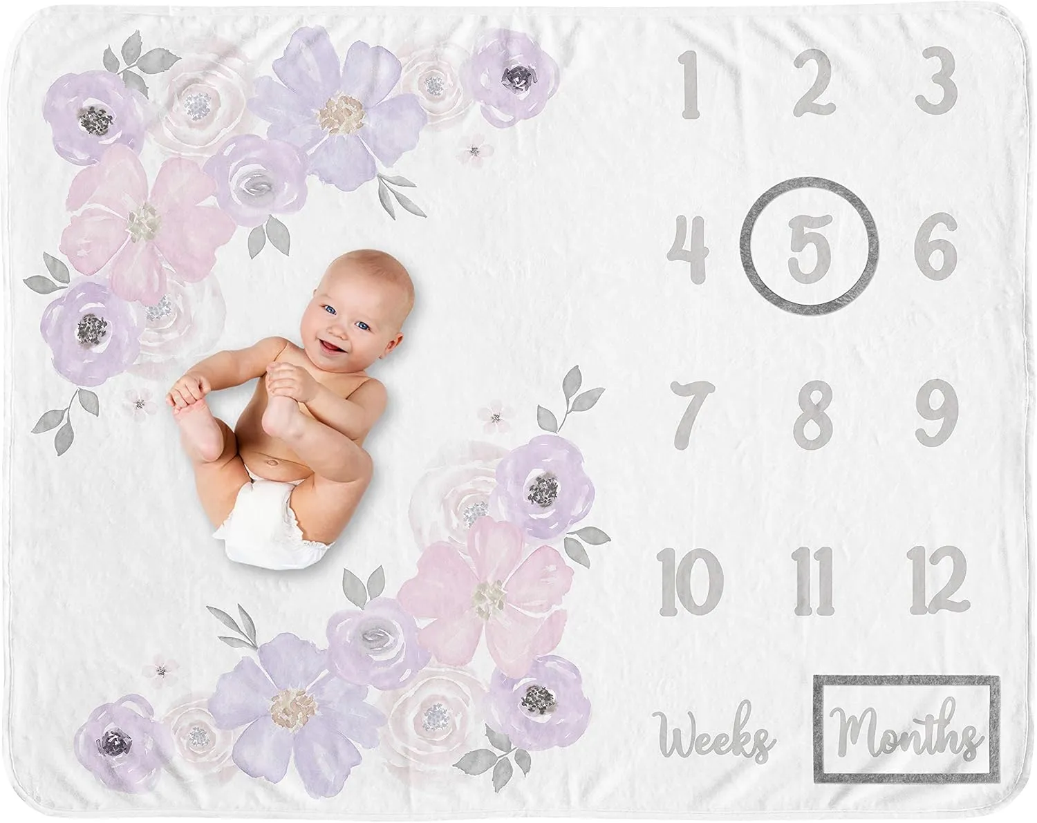 Sweet Jojo Designs Watercolor Floral Girl Milestone Blanket Monthly Newborn First Year Growth Mat Baby Shower Memory Keepsake Gift Picture - Lavender Purple, Pink and Grey Boho Shabby Chic Rose Flower