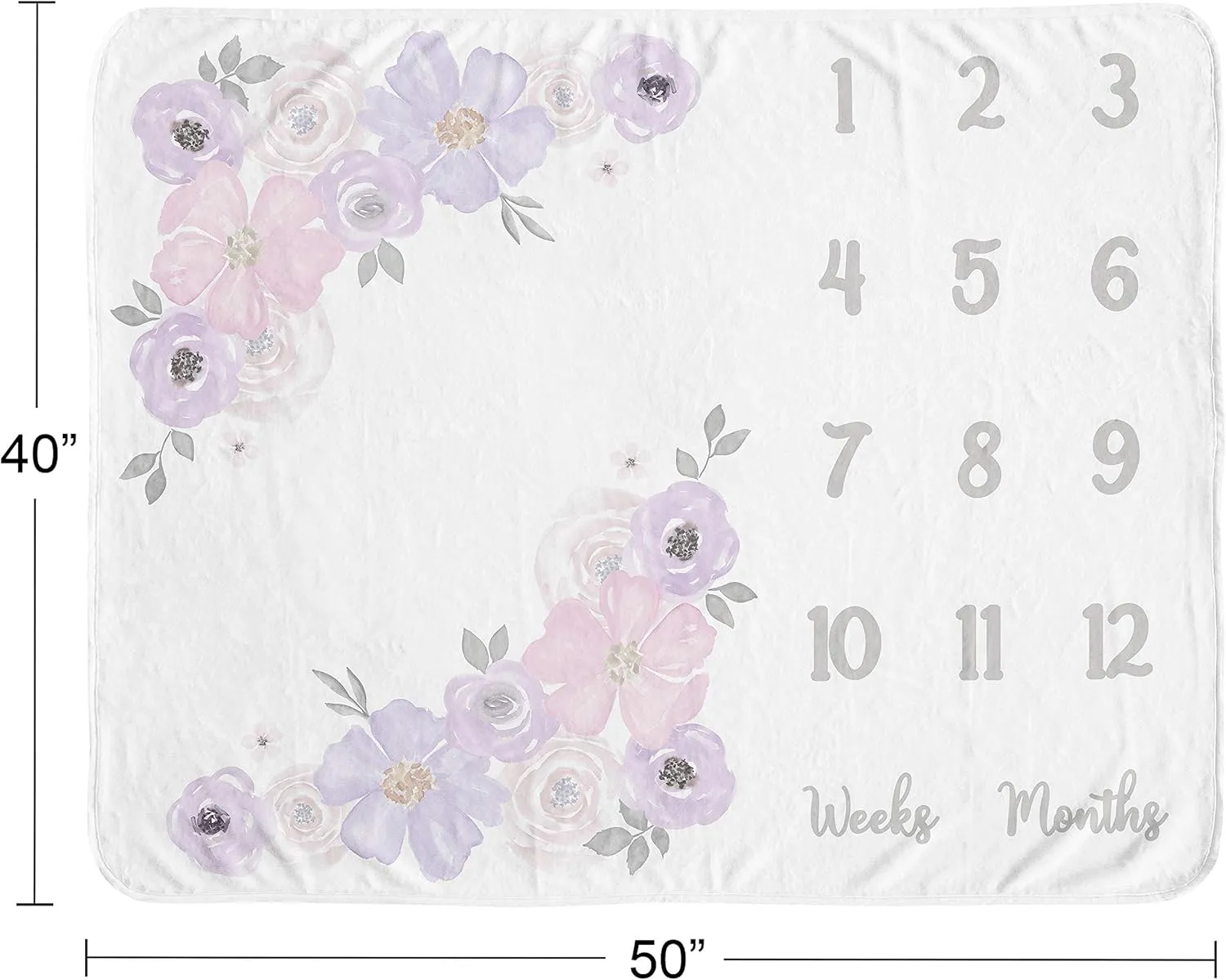Sweet Jojo Designs Watercolor Floral Girl Milestone Blanket Monthly Newborn First Year Growth Mat Baby Shower Memory Keepsake Gift Picture - Lavender Purple, Pink and Grey Boho Shabby Chic Rose Flower