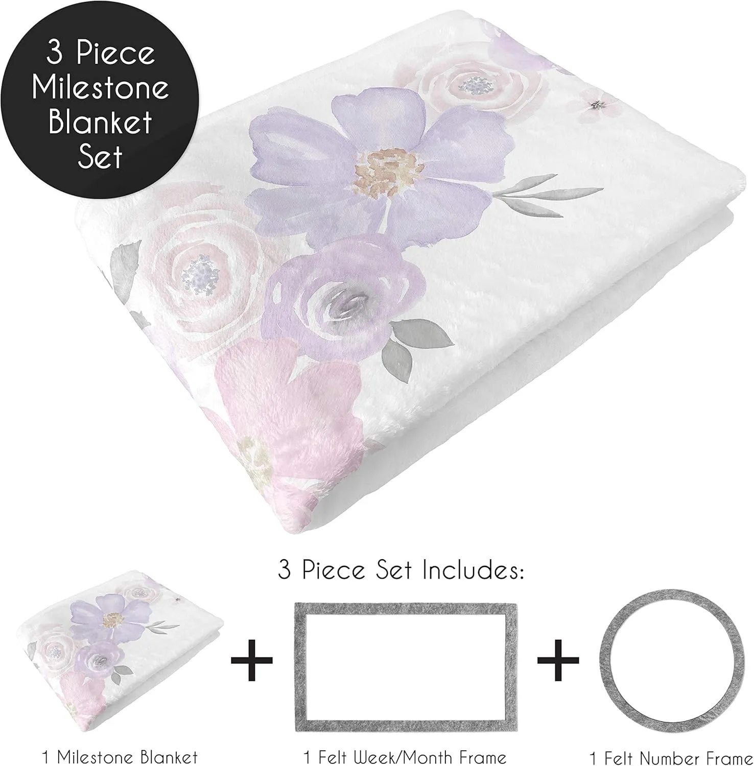 Sweet Jojo Designs Watercolor Floral Girl Milestone Blanket Monthly Newborn First Year Growth Mat Baby Shower Memory Keepsake Gift Picture - Lavender Purple, Pink and Grey Boho Shabby Chic Rose Flower