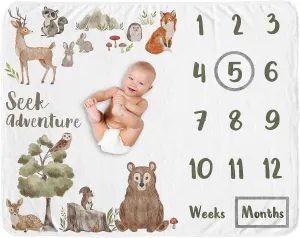 Sweet Jojo Designs Woodland Forest Animals Boy Girl Gender Neutral Unisex Baby Milestone Blanket Newborn Monthly First Year Photo Growth Chart Infant Memory Gift Set Friends Bear Hedgehog Watercolor