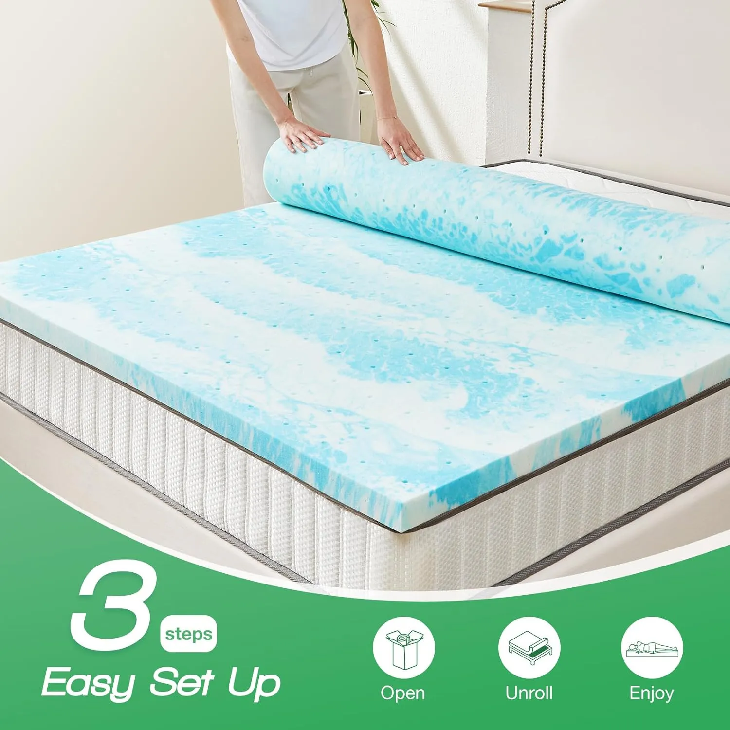 Sweetcrispy Mattress Topper King, 3 Inch Thick Memory Foam Gel Infused Cooling Toppers Pad for King Size Bed, Sleeper Sofa, RV, Camper, CertiPUR US Certified, Ventilated and Breathable
