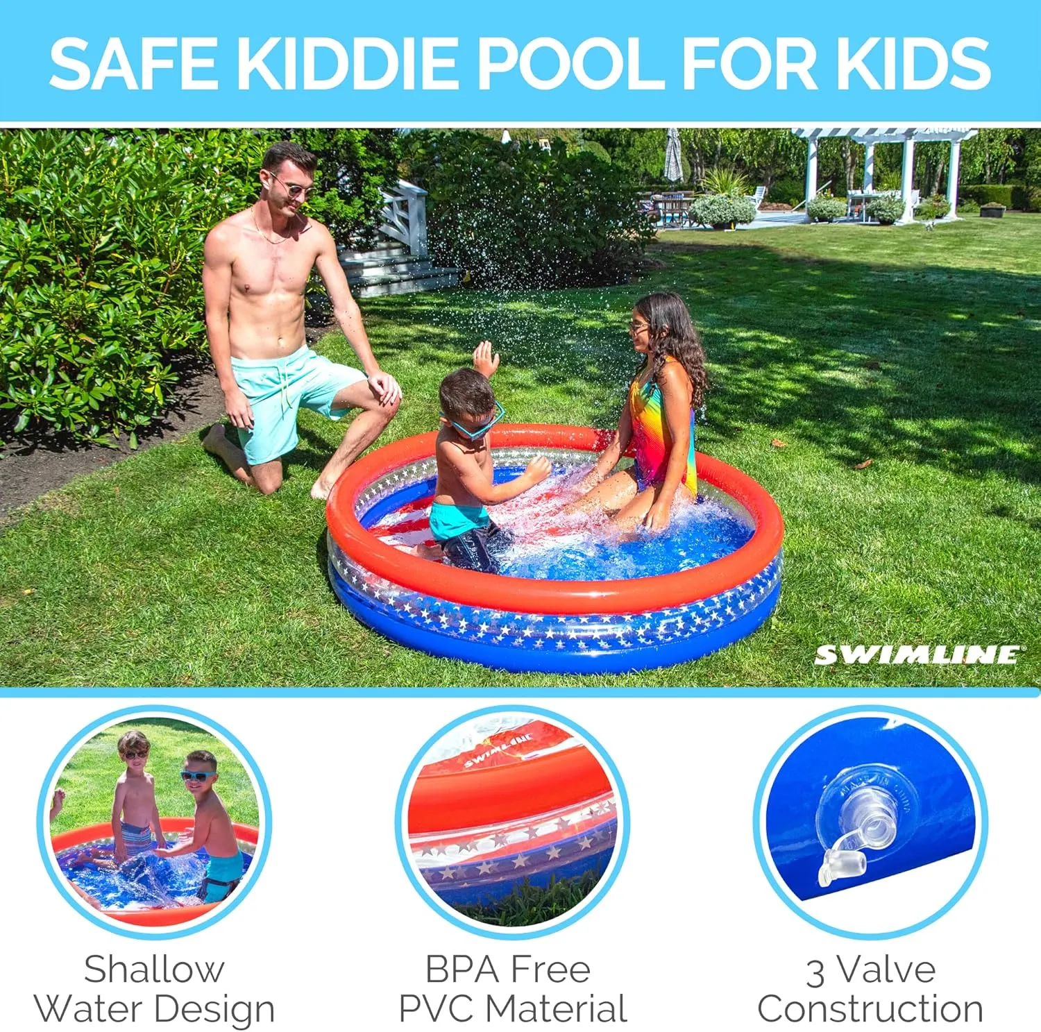 SWIMLINE Americana 3 Ring Kiddie Pool 60'' X 12'' | For Kids Toddlers Children Adults| Ball & Sand Pit Outdoor Indoor Garden Backyard Summer Fun | Blow Up Thick Durable Inflatable Splash Pad Sprinkler