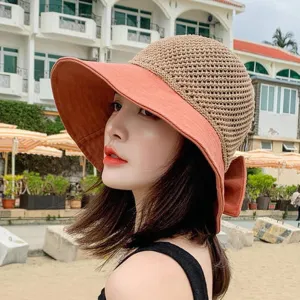 syeigh Sun Hat Woman Summer Hats with Visor Hollow Straw Hat Bow Design Sun Hat Travel Mesh Bucket Hat