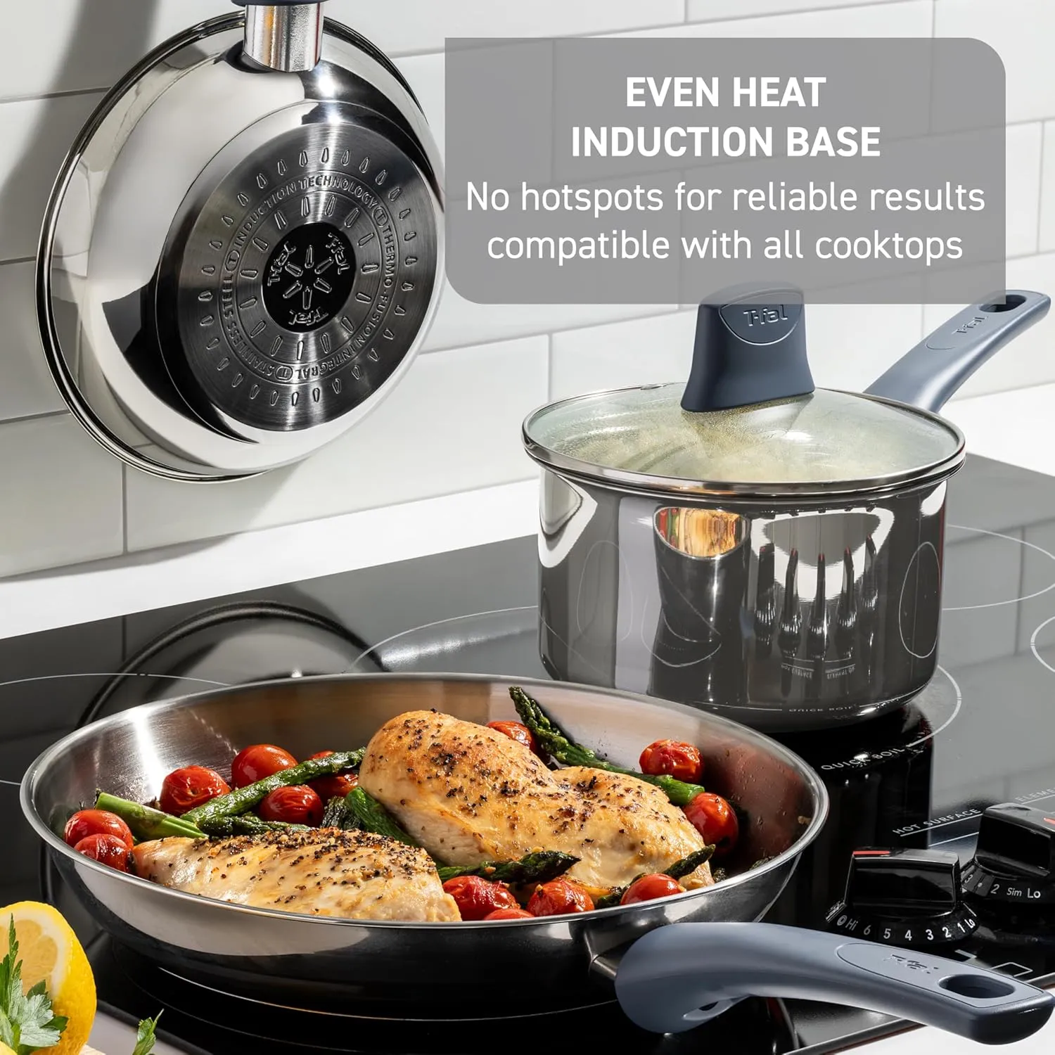 T-fal Essentials Stainless Steel Cookware Set 12 Piece, Induction Compatible, Oven Safe 350F, Cooking Set w/Stewpots, Stockpot, Saucepan, Lids & Tools, Measuring Marks, Dishwasher Safe, Silver/Blue