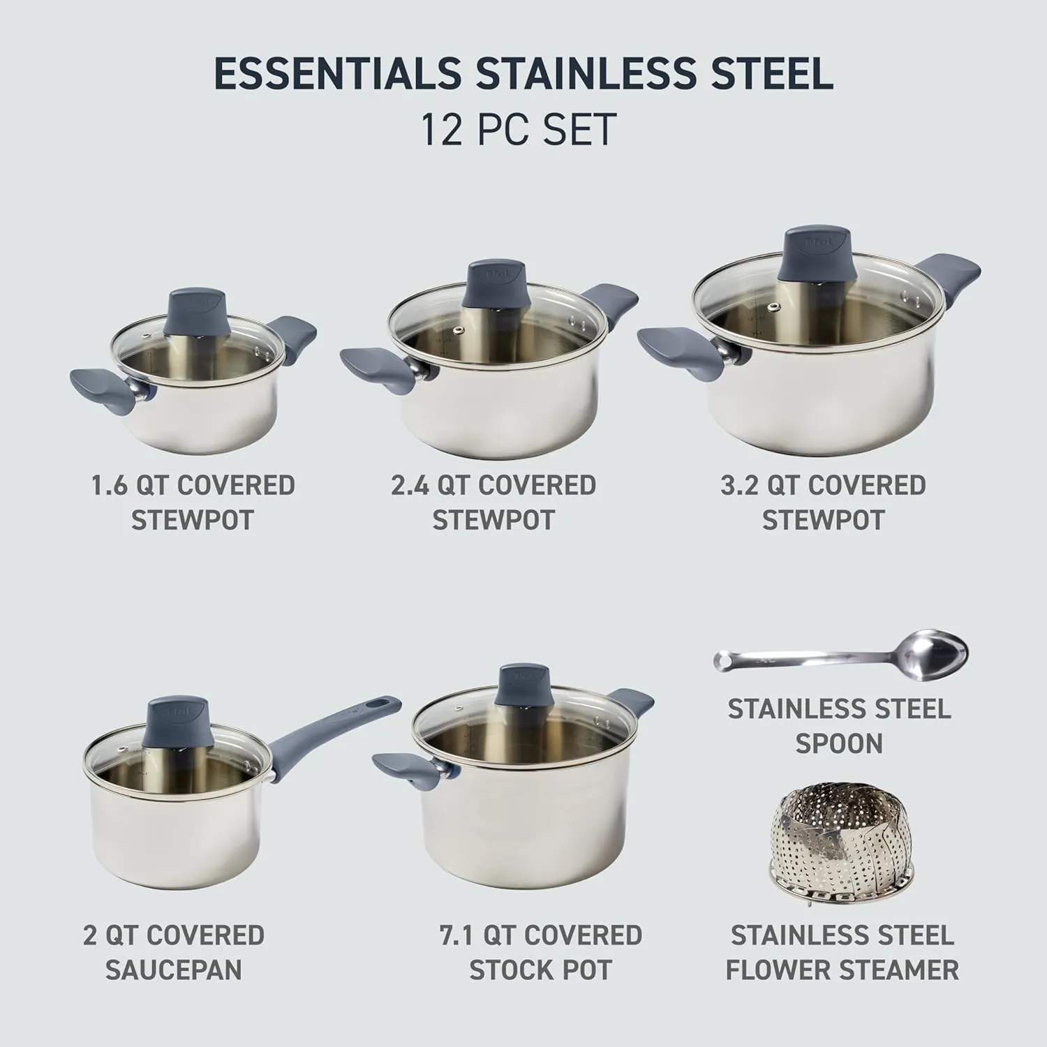 T-fal Essentials Stainless Steel Cookware Set 12 Piece, Induction Compatible, Oven Safe 350F, Cooking Set w/Stewpots, Stockpot, Saucepan, Lids & Tools, Measuring Marks, Dishwasher Safe, Silver/Blue