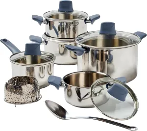 T-fal Essentials Stainless Steel Cookware Set 12 Piece, Induction Compatible, Oven Safe 350F, Cooking Set w/Stewpots, Stockpot, Saucepan, Lids & Tools, Measuring Marks, Dishwasher Safe, Silver/Blue