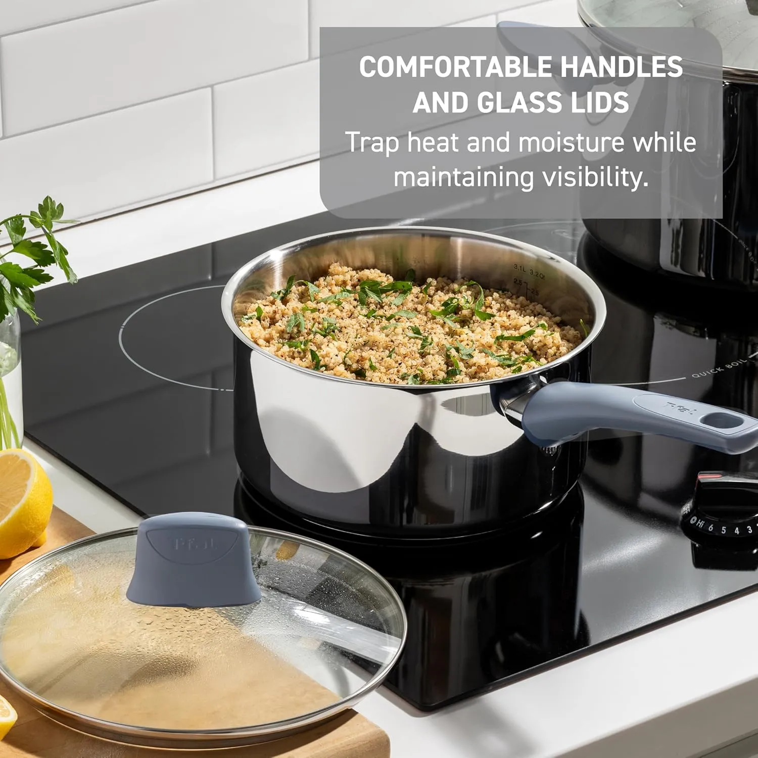 T-fal Essentials Stainless Steel Cookware Set 12 Piece, Induction Compatible, Oven Safe 350F, Cooking Set w/Stewpots, Stockpot, Saucepan, Lids & Tools, Measuring Marks, Dishwasher Safe, Silver/Blue