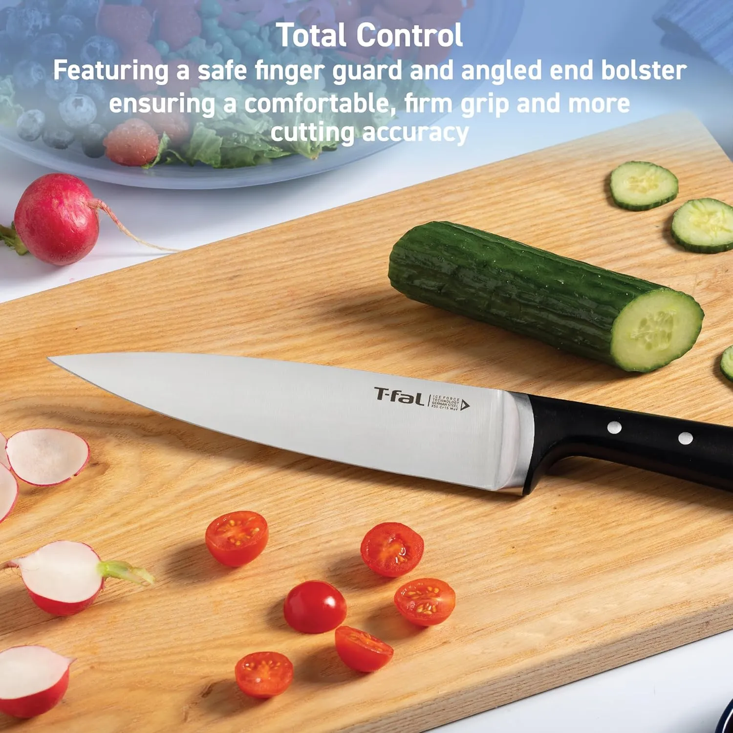 T-fal Ice Force German Stainless Steel Santoku Knife, Utility knife 2 Piece, Long Lasting Sharpness, High Cutting Precision, Superior Durability, Ultra Sharp, Cookware Kitchen Knife, Cook Tool, Black