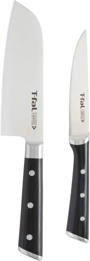 T-fal Ice Force German Stainless Steel Santoku Knife, Utility knife 2 Piece, Long Lasting Sharpness, High Cutting Precision, Superior Durability, Ultra Sharp, Cookware Kitchen Knife, Cook Tool, Black